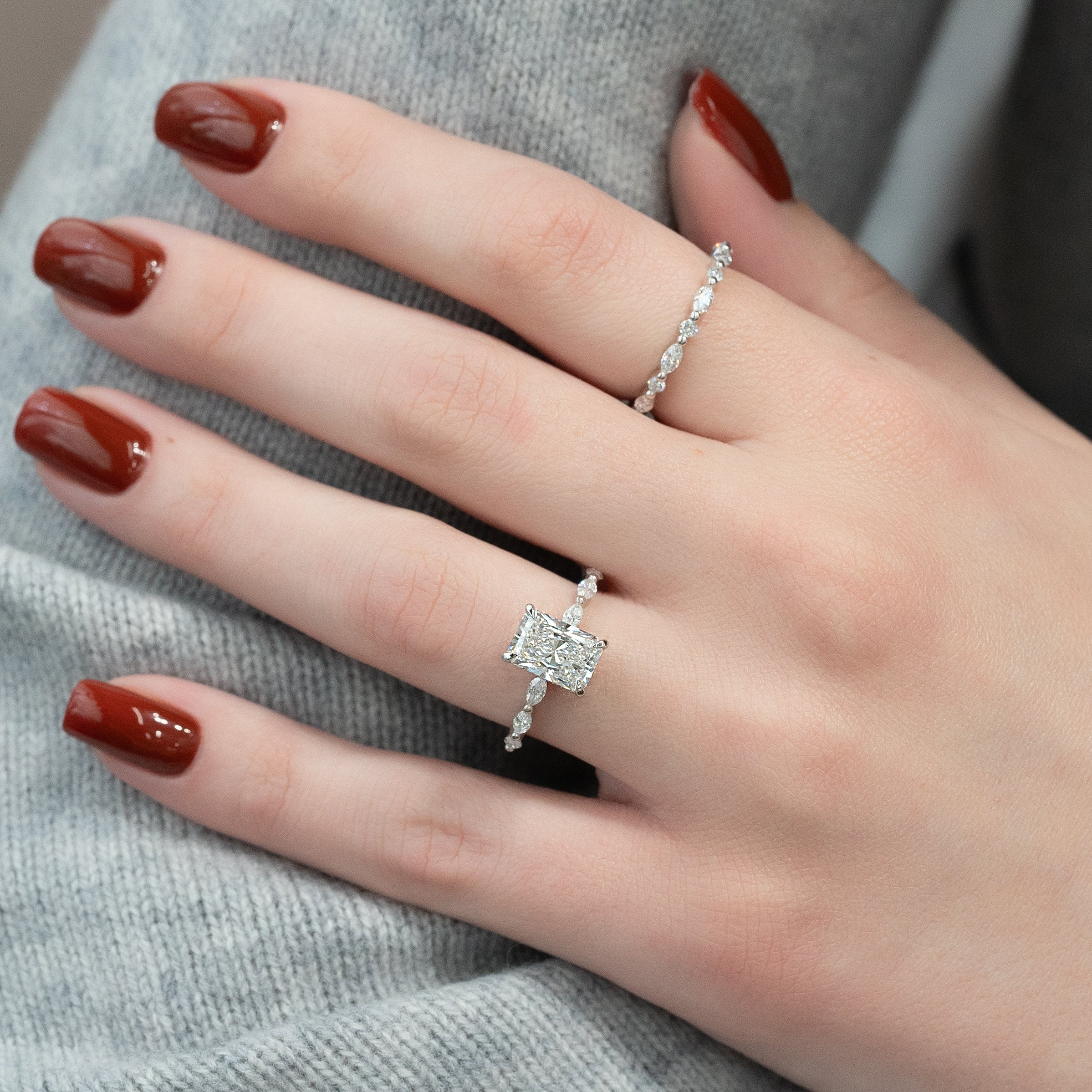 Radiant cut CVD diamond engagement ring with hidden halo and pave band in elegant solitaire-inspired style