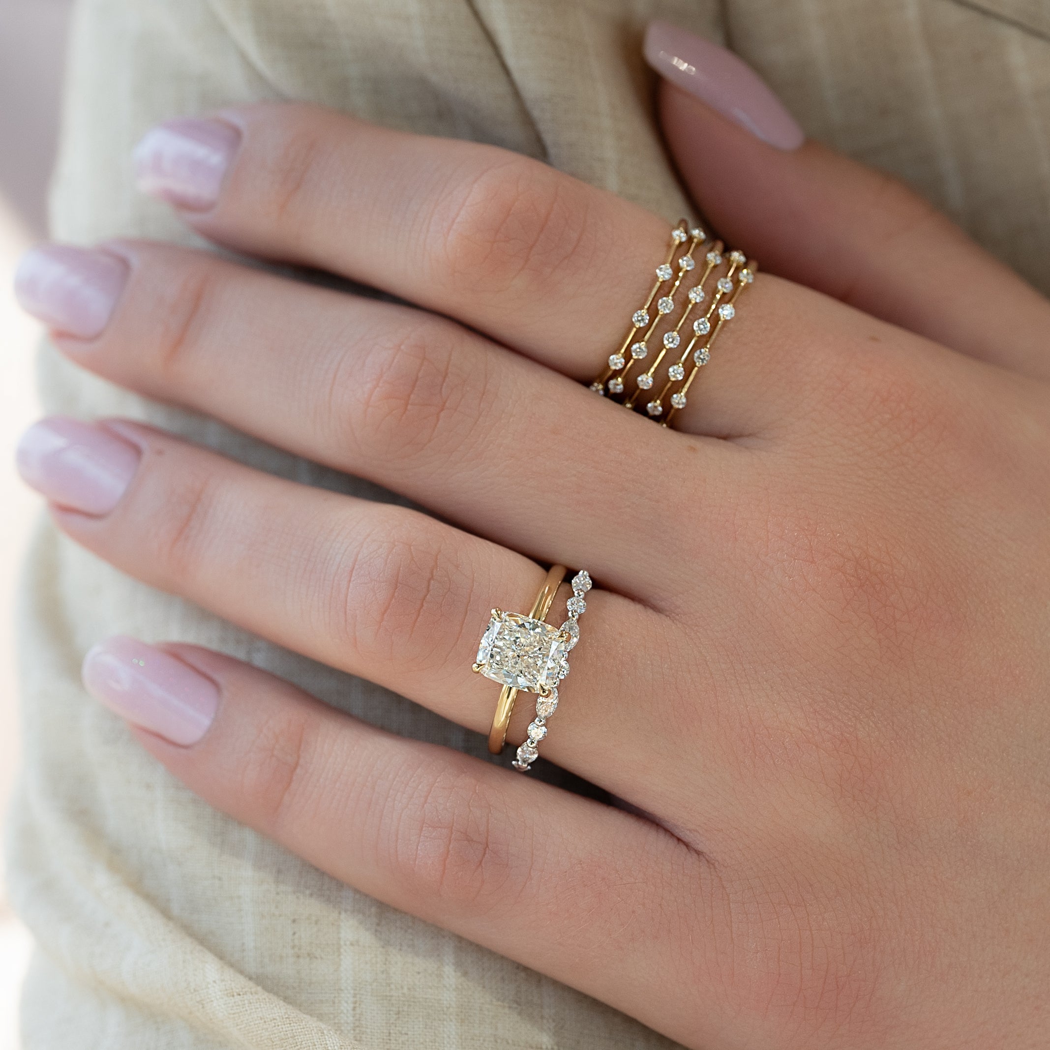 Elongated cushion cut CVD diamond solitaire engagement ring in white gold setting