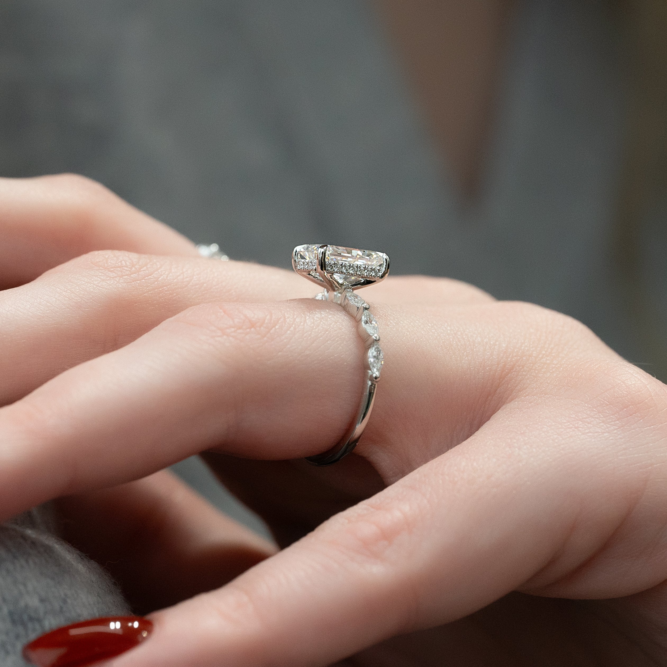 Radiant cut CVD diamond engagement ring with hidden halo and pave band in elegant solitaire-inspired style
