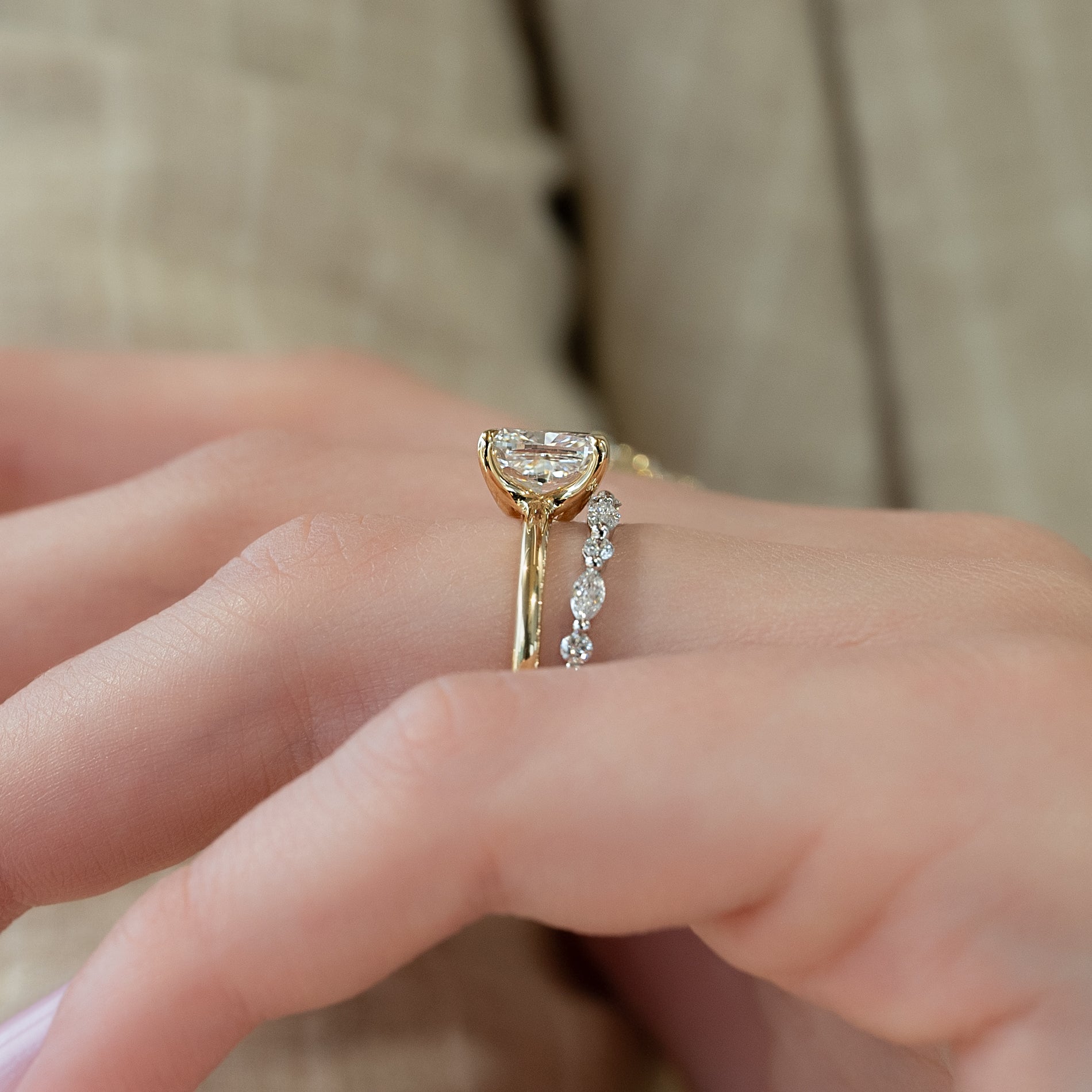 Elongated cushion cut CVD diamond solitaire engagement ring in white gold setting