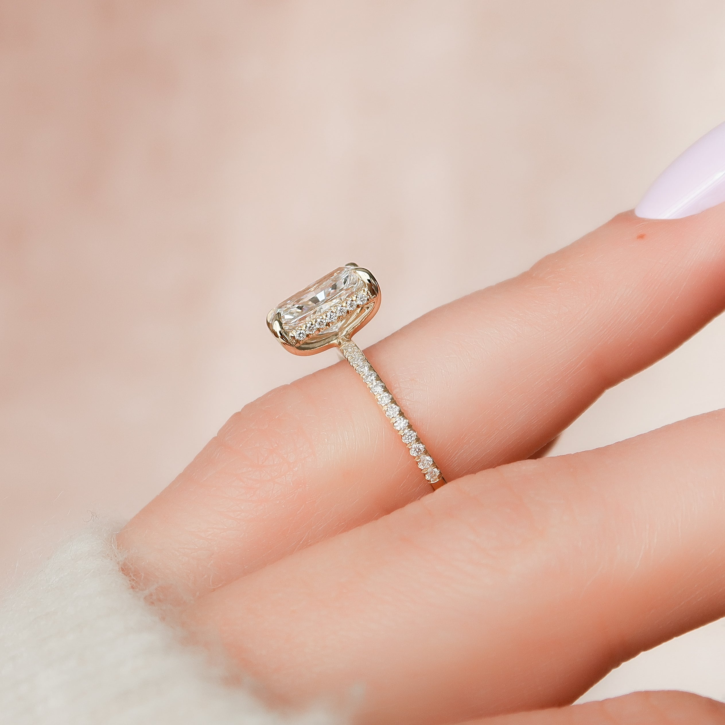 Radiant cut CVD diamond engagement ring with hidden halo and pave diamond band in white gold