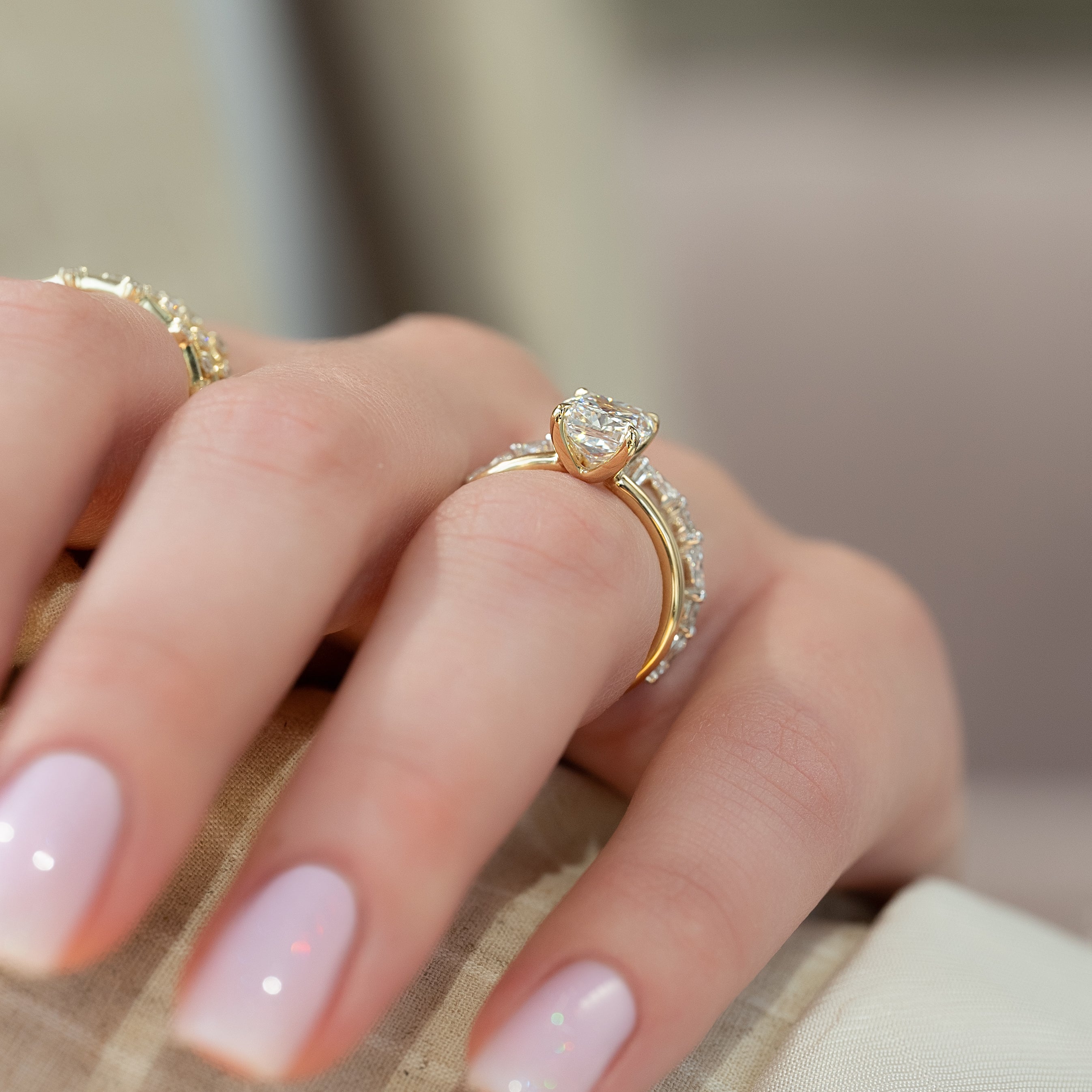 Elongated cushion cut CVD diamond solitaire engagement ring in white gold setting