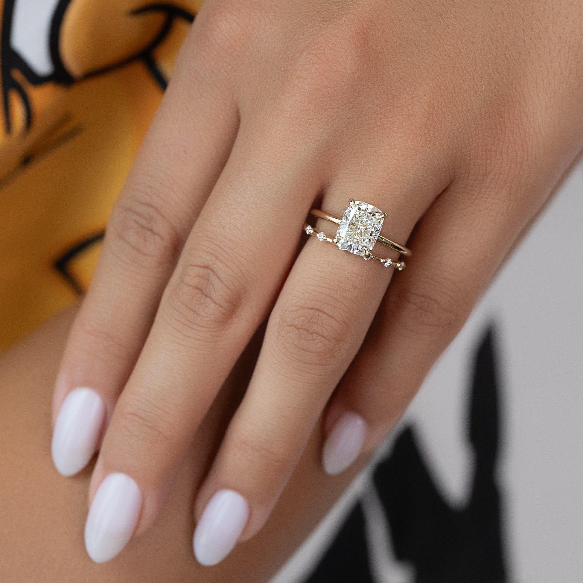 Elongated cushion cut CVD diamond solitaire engagement ring in white gold setting