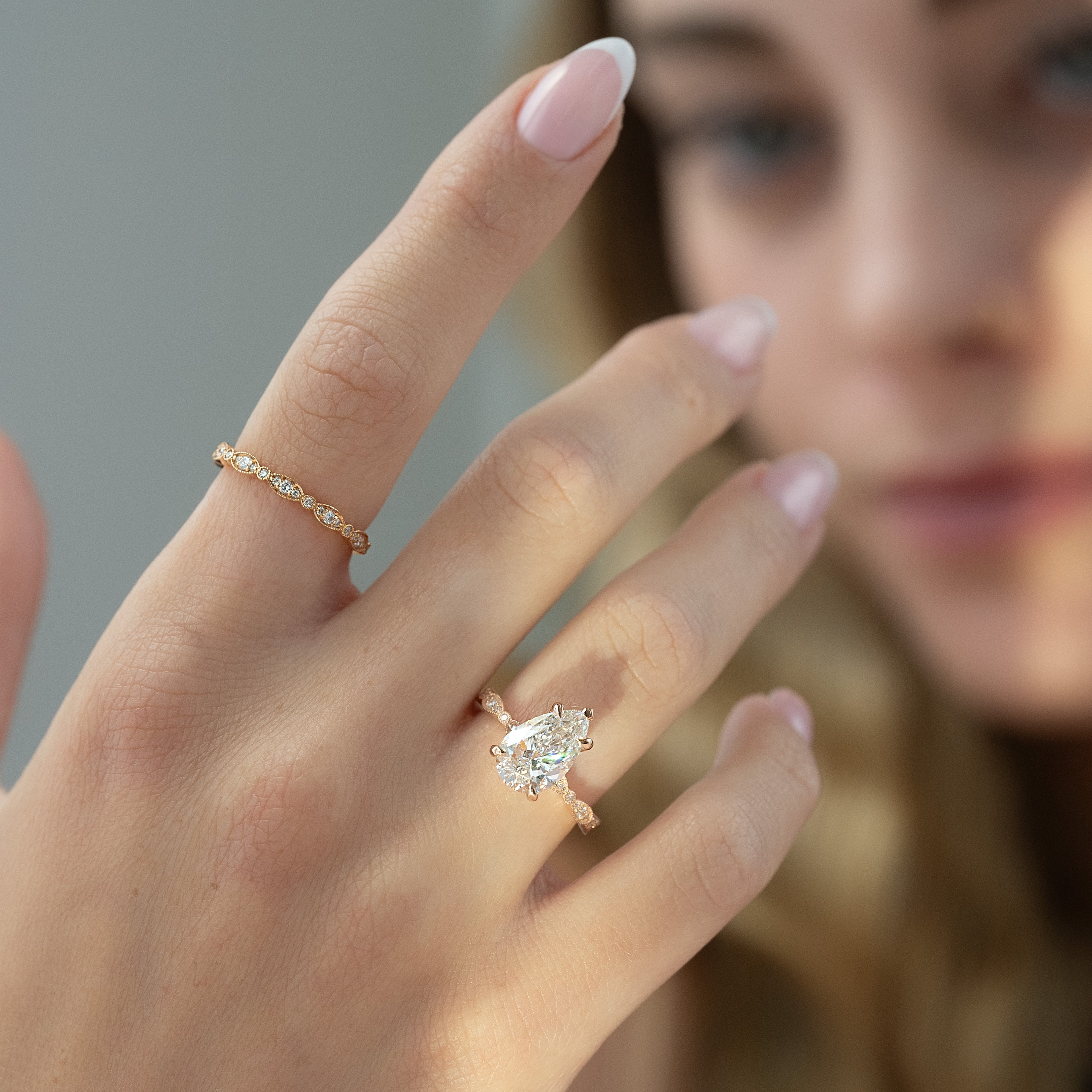 1.50 - 3.50 CT Pear Cut Lab Grown Diamond Milgrain Engagement Ring