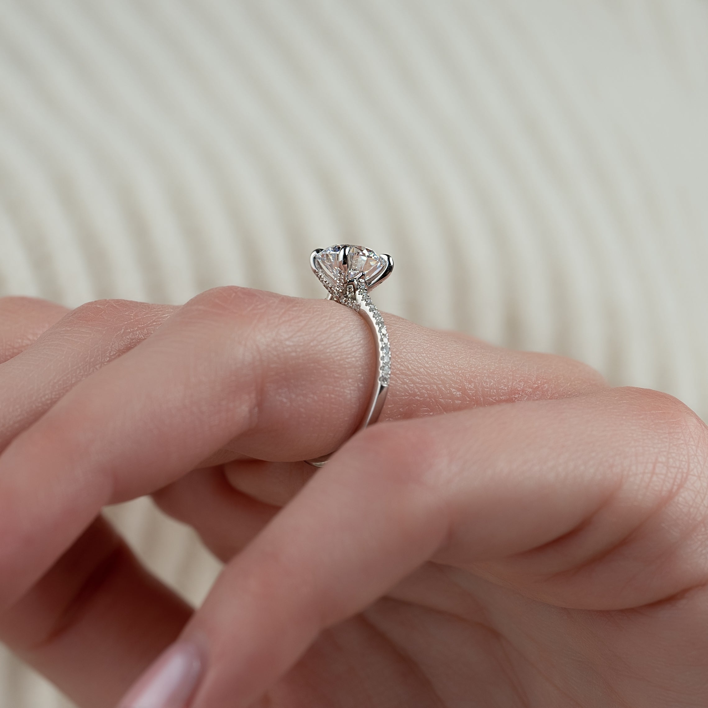 Round cut CVD diamond engagement ring with pave diamond band in white gold