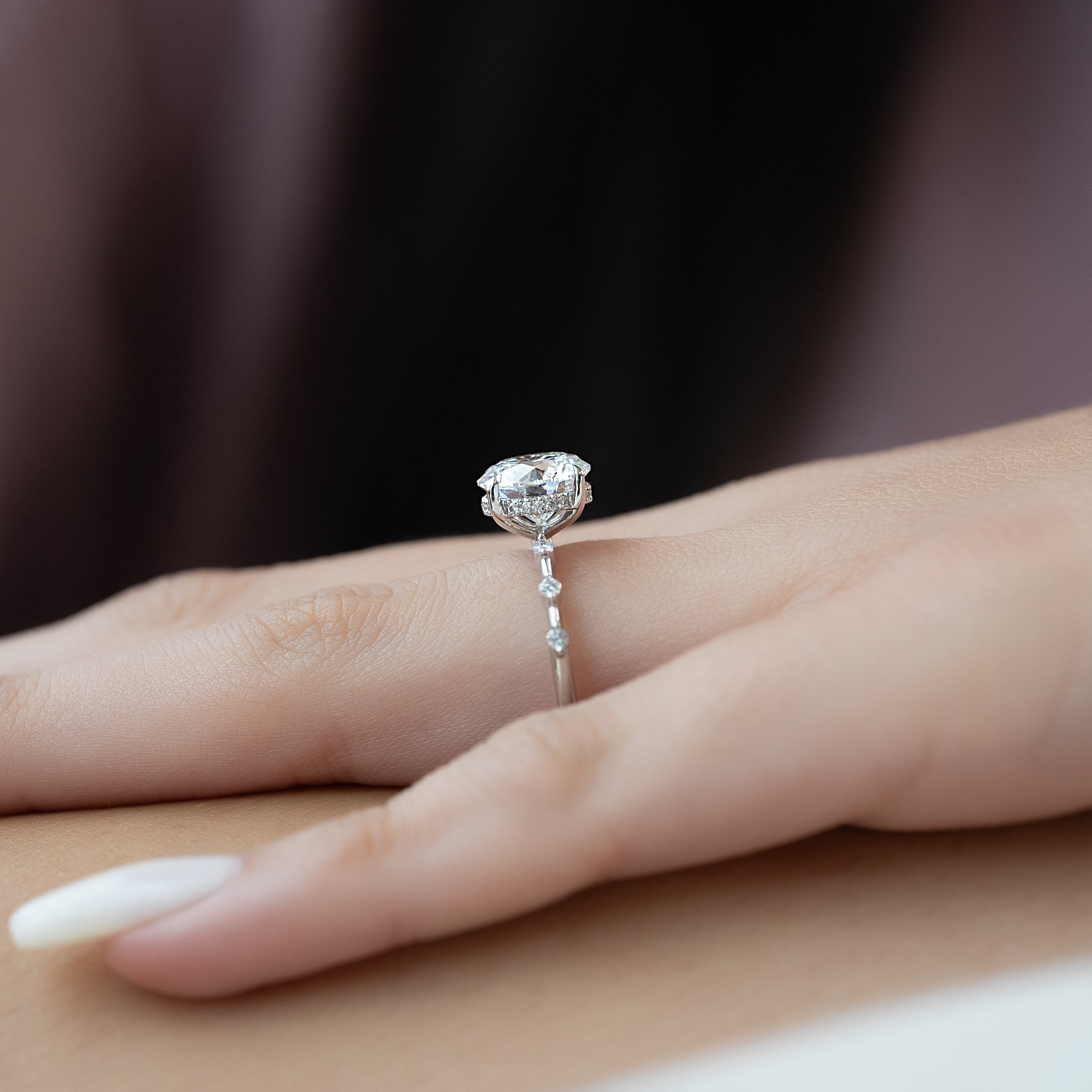 Round cut CVD diamond engagement ring with hidden halo and pave band in white gold