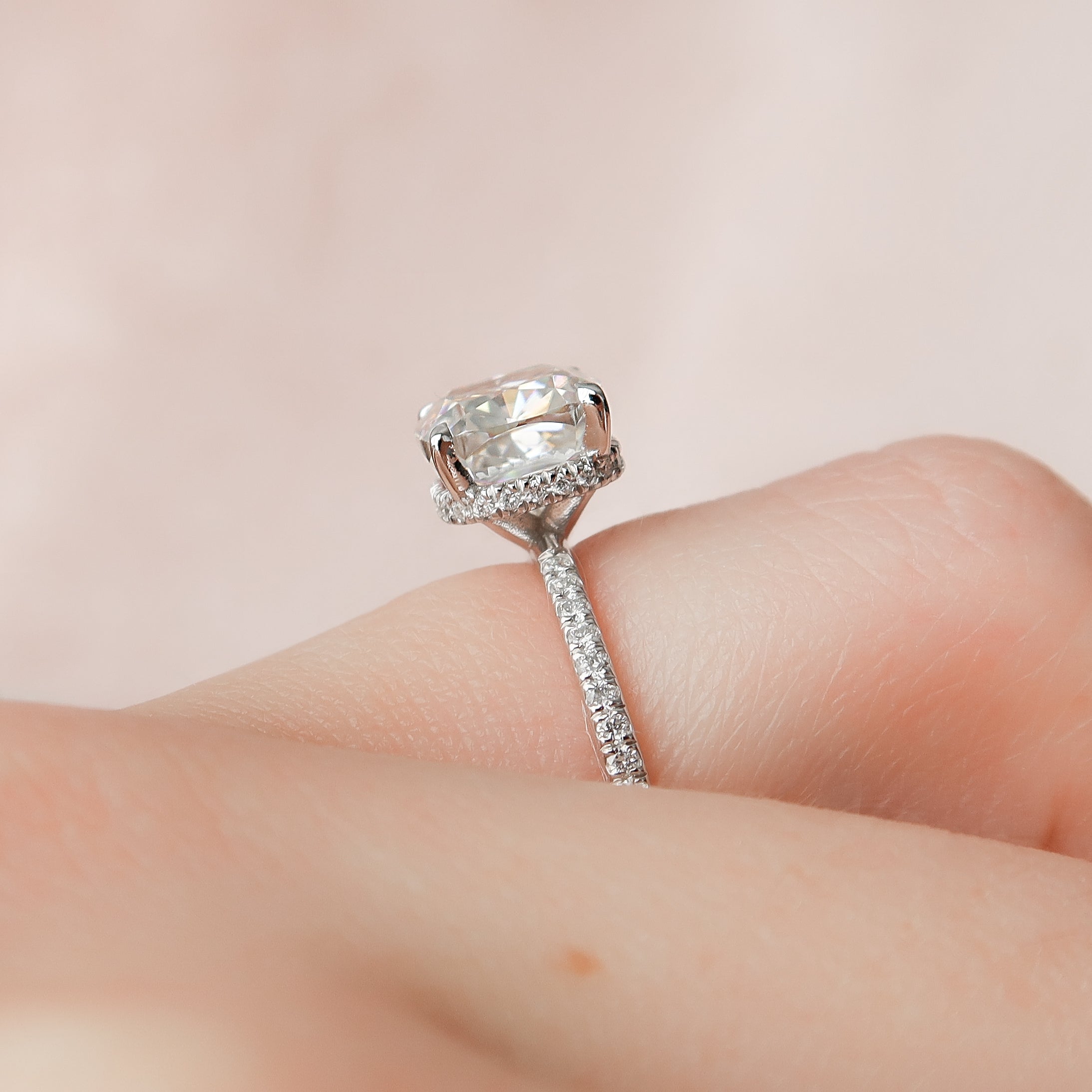 2.0 - 3.0 CT Cushion Cut Lab Grown Diamond Hidden Halo & Pave Engagement Ring