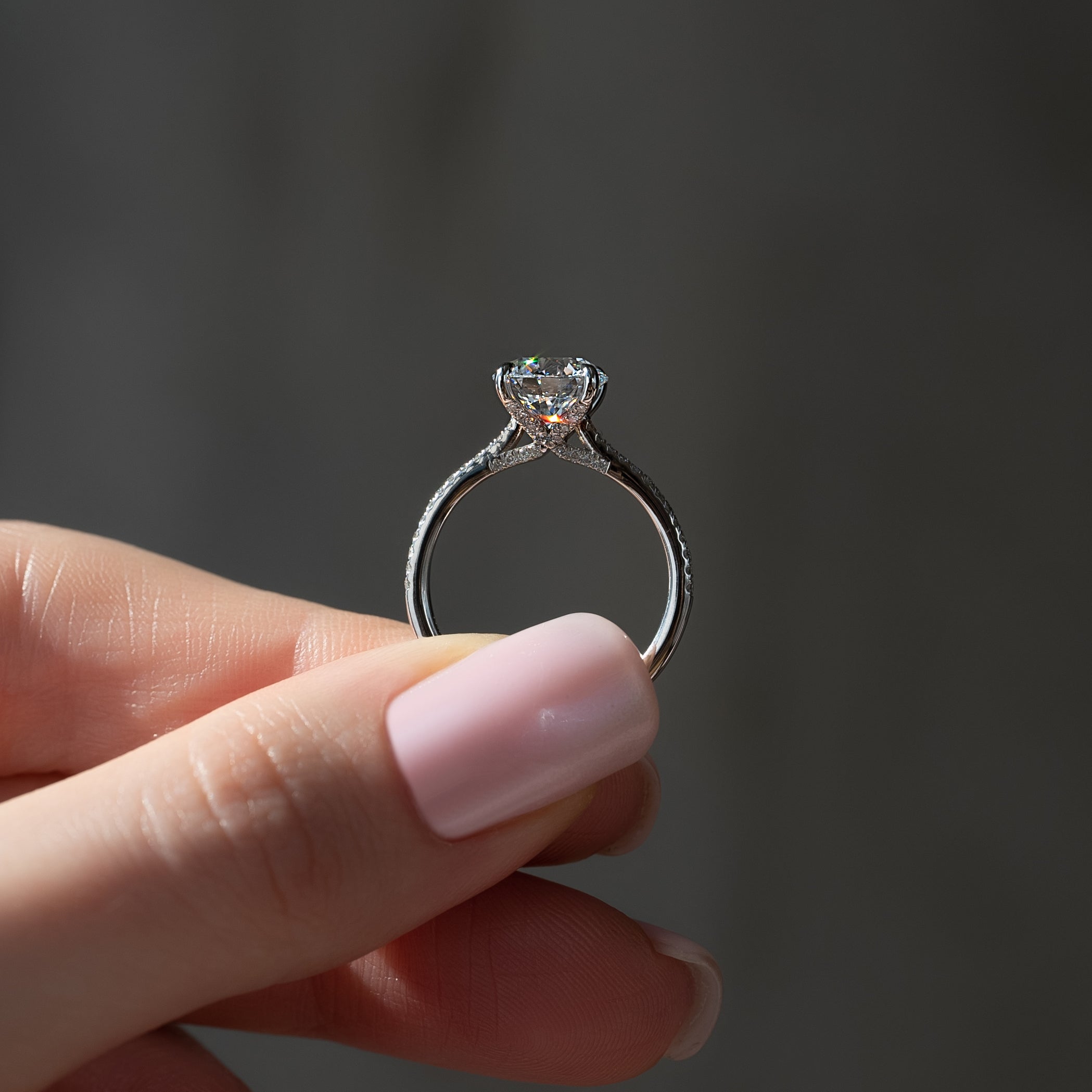 Round cut CVD diamond engagement ring with pave diamond band in white gold