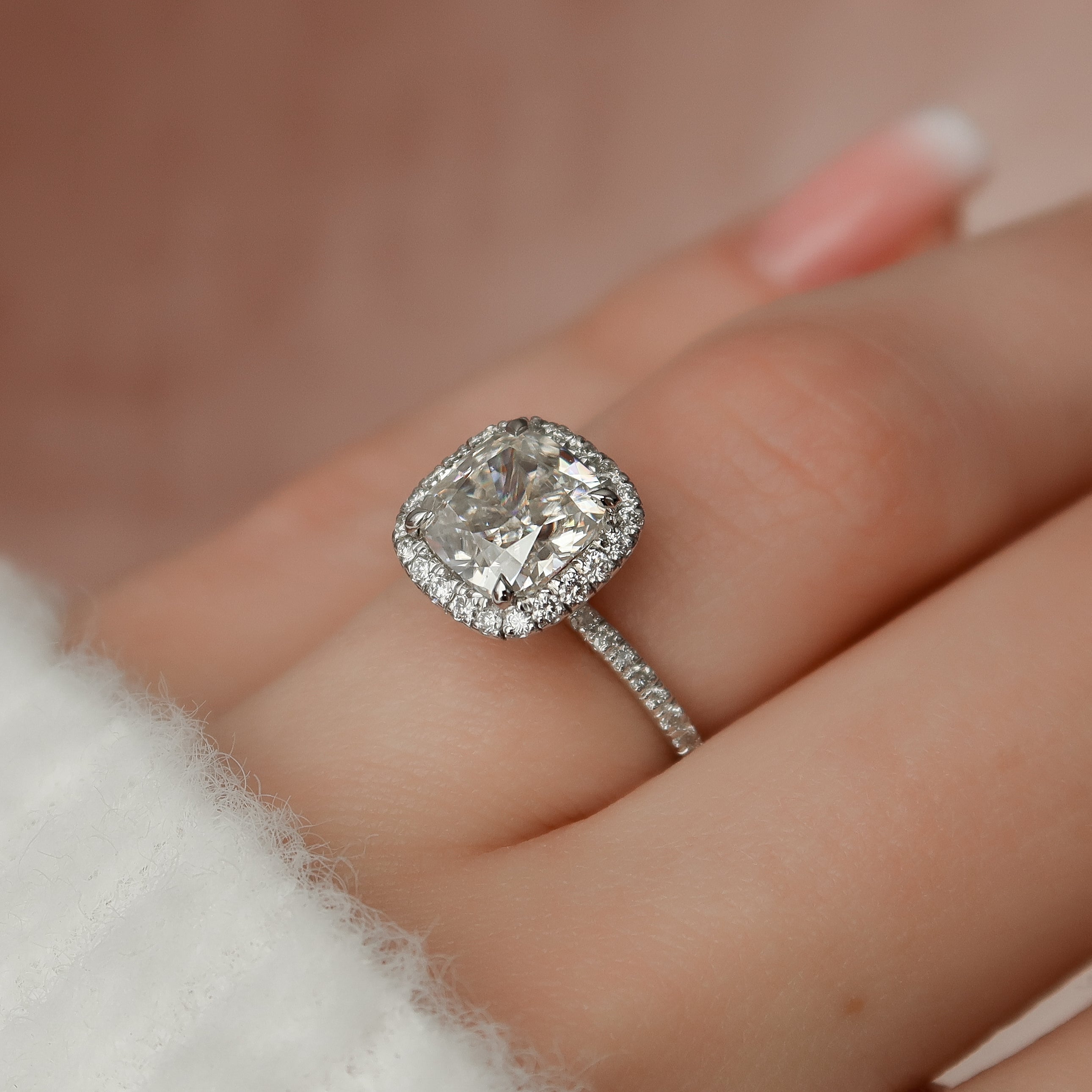 2.0 - 4.0 CT Cushion Cut Lab Grown Diamond Halo & Pave Setting Engagement Ring