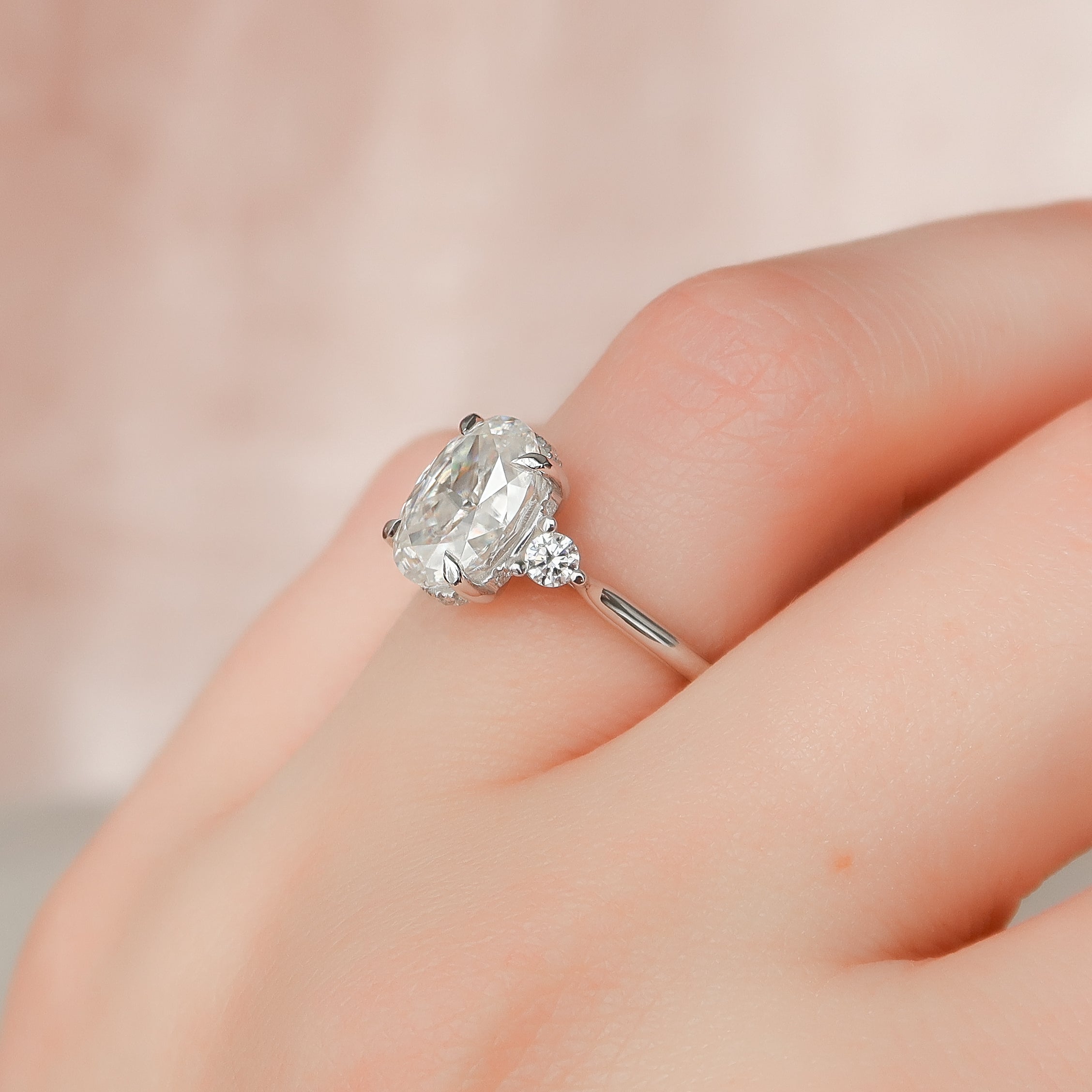 2.0- 4.0 CT Oval Cut CVD Diamond Three Stone Style Engagement Ring