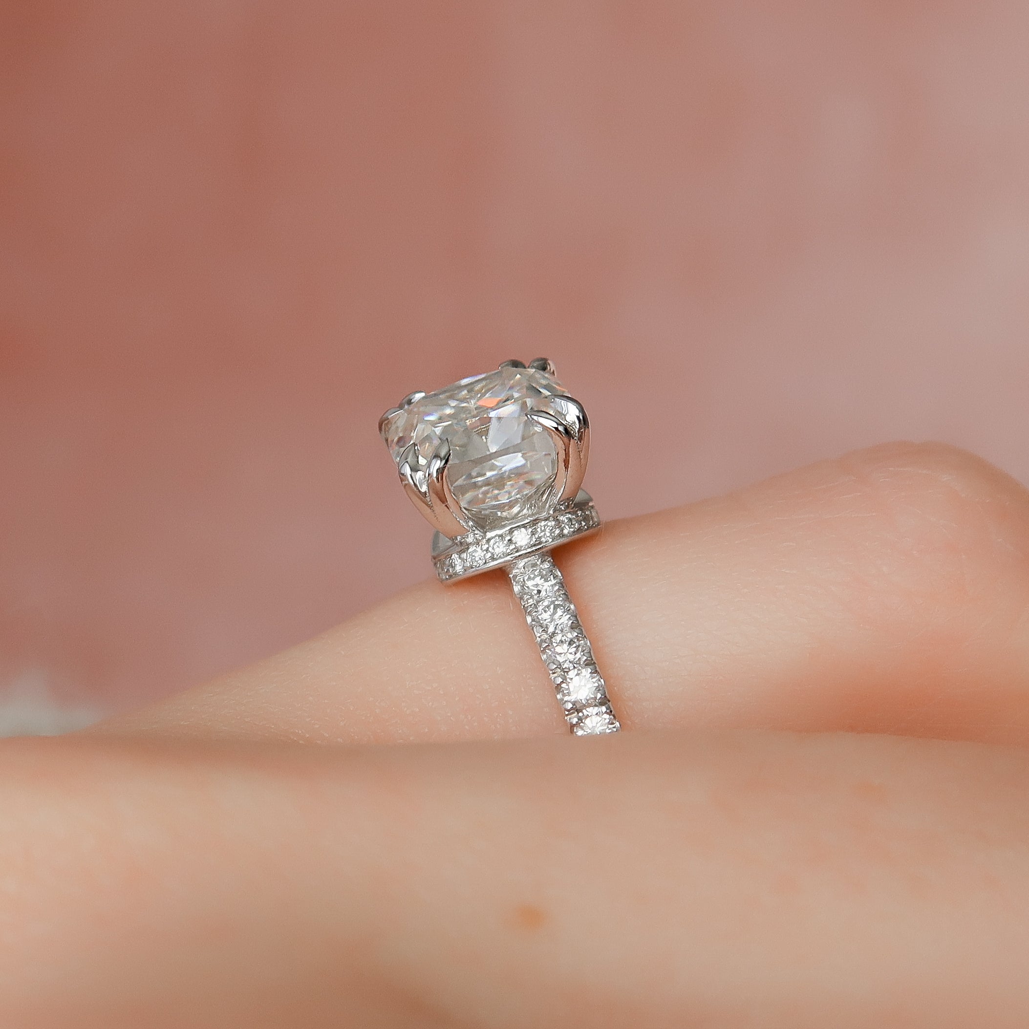 1.50 - 3.50 CT Cushion Cut CVD Diamond Hidden Halo & Pave Engagement Ring