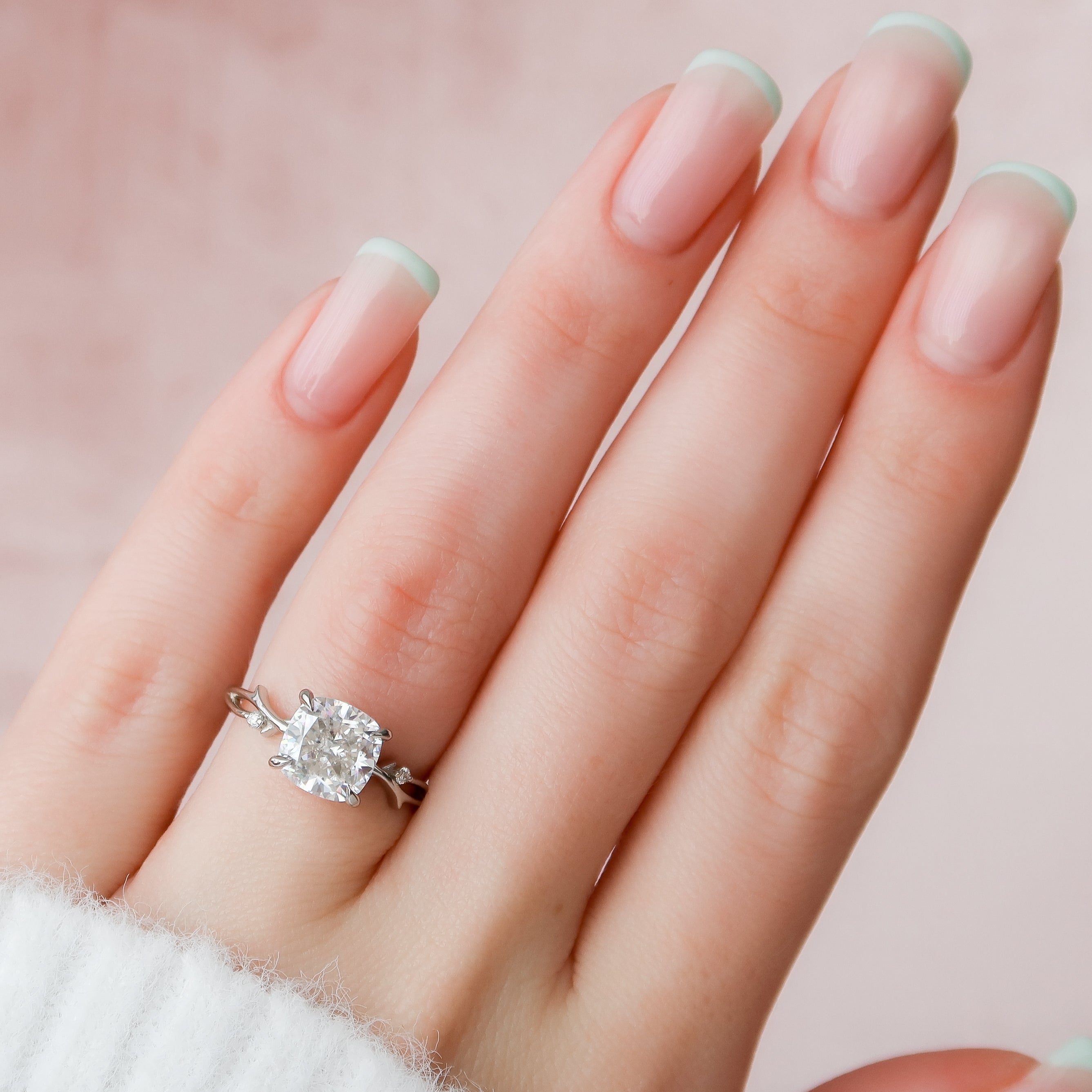 1.50 - 3.50 CT Cushion Cut Lab Grown Diamond twig Engagement Ring