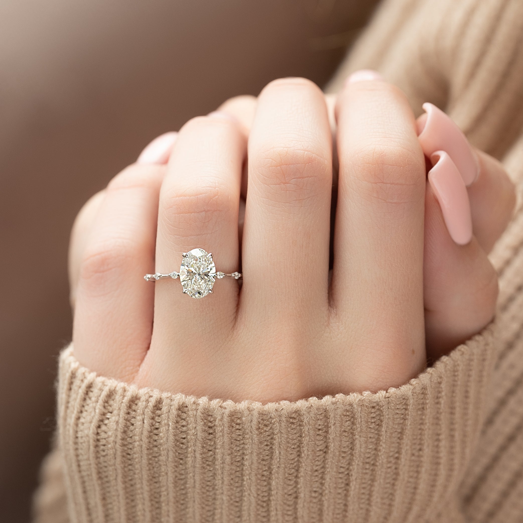 Oval cut CVD diamond dainty engagement ring in white gold setting