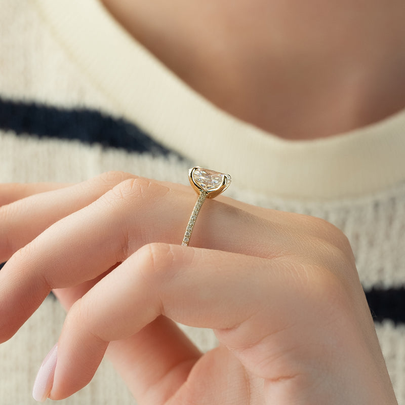 Oval cut CVD diamond pave engagement ring with slim diamond band in white gold