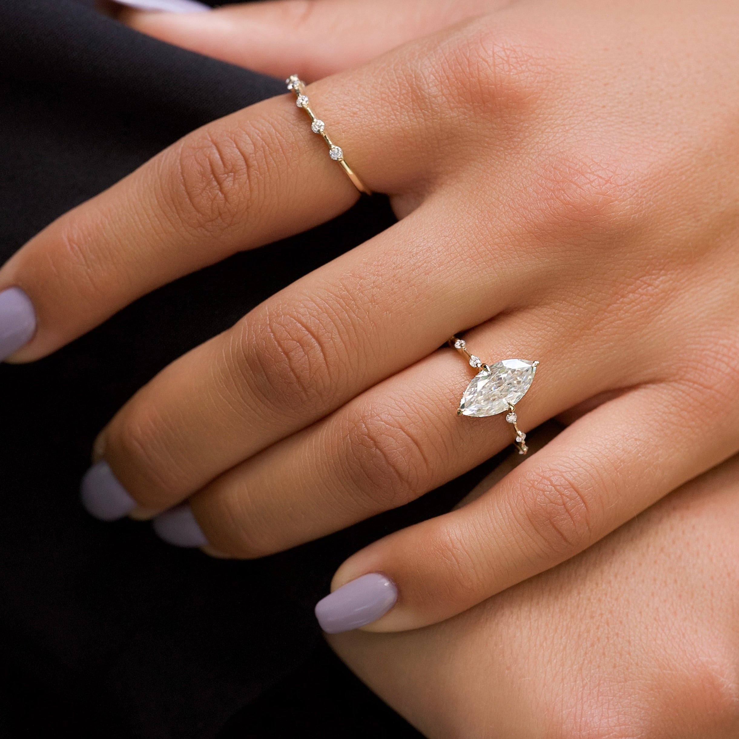 Marquise cut CVD diamond dainty engagement ring in white gold setting