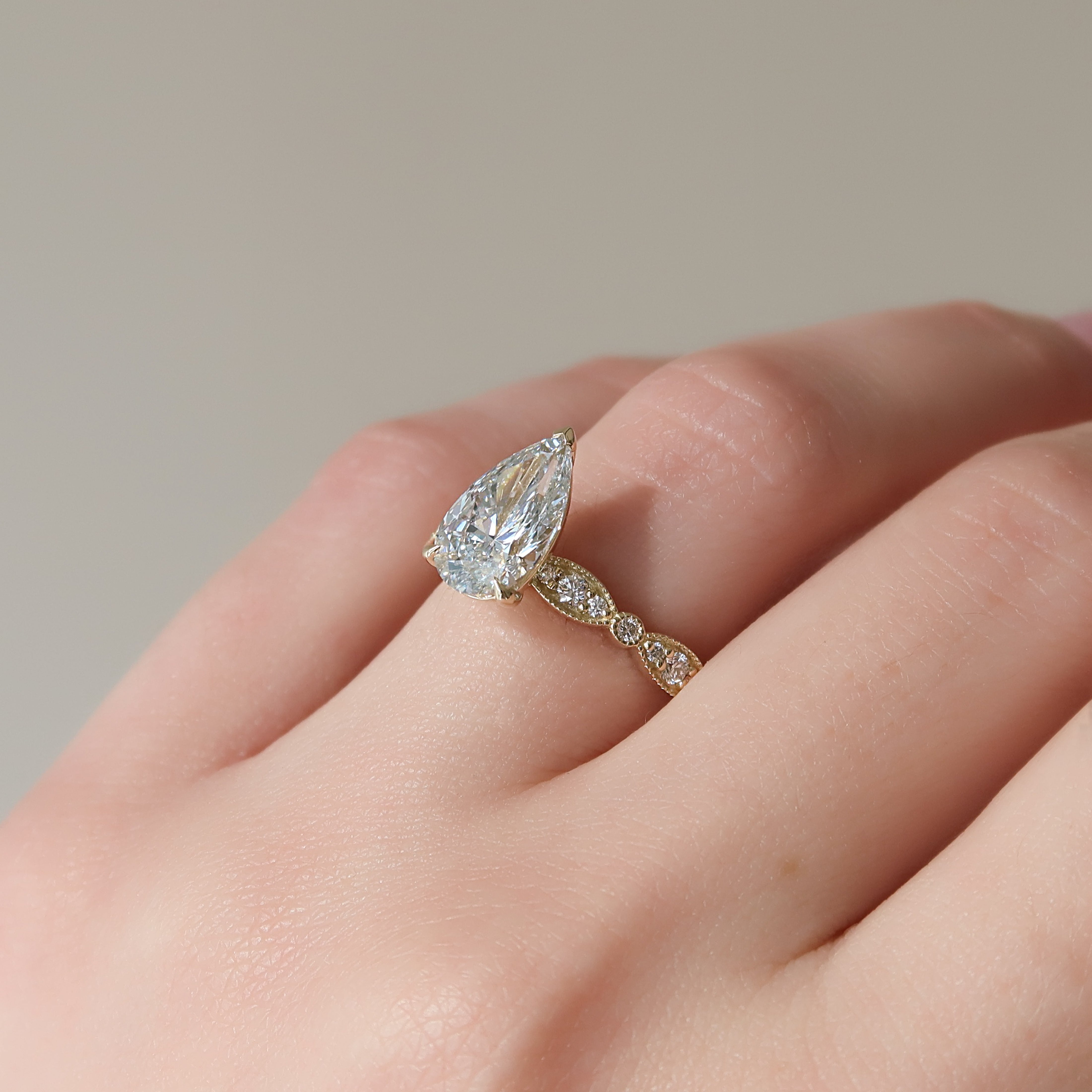 1.50 - 3.50 CT Pear Cut Lab Grown Diamond Milgrain Engagement Ring