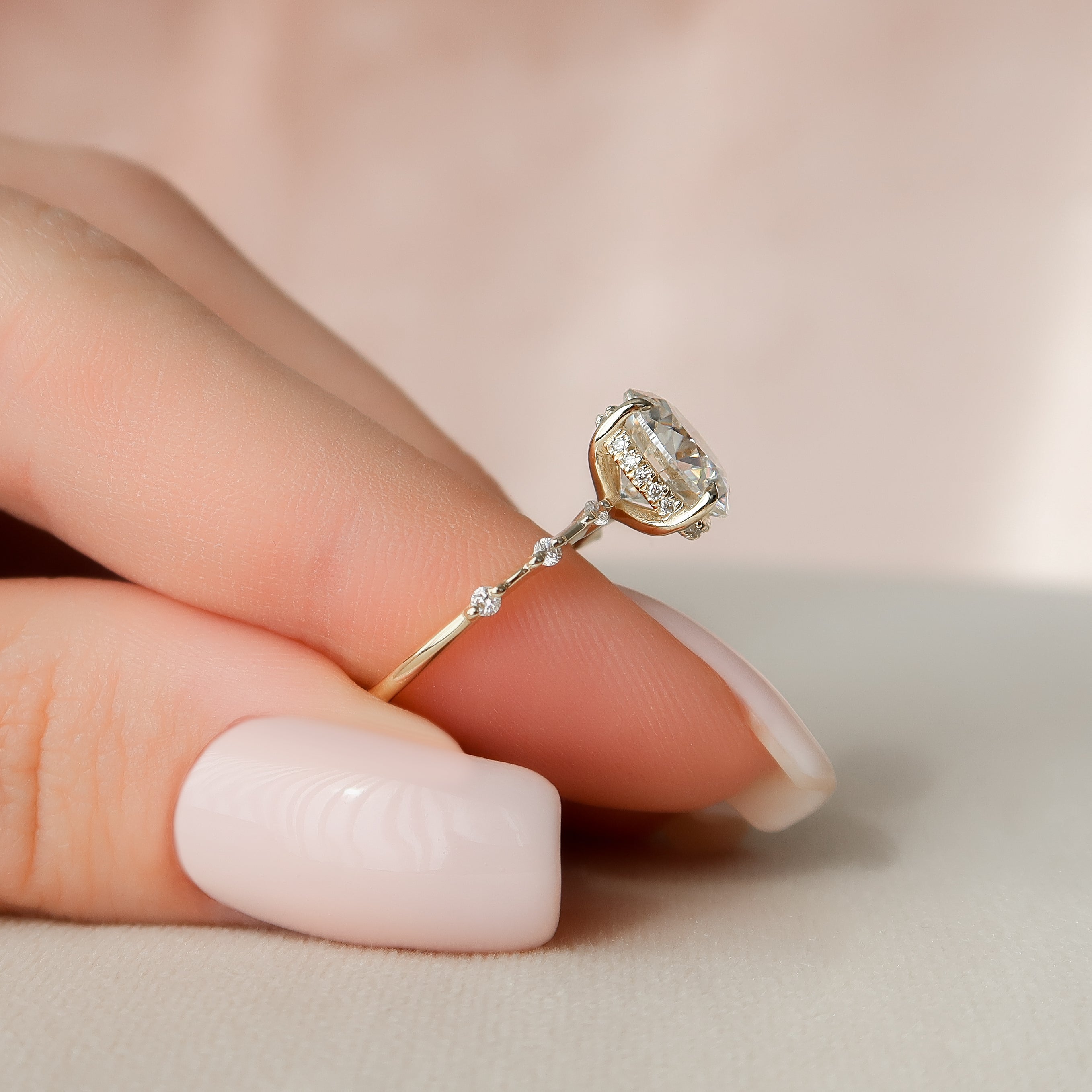 Round cut CVD diamond engagement ring with hidden halo and pave band in white gold