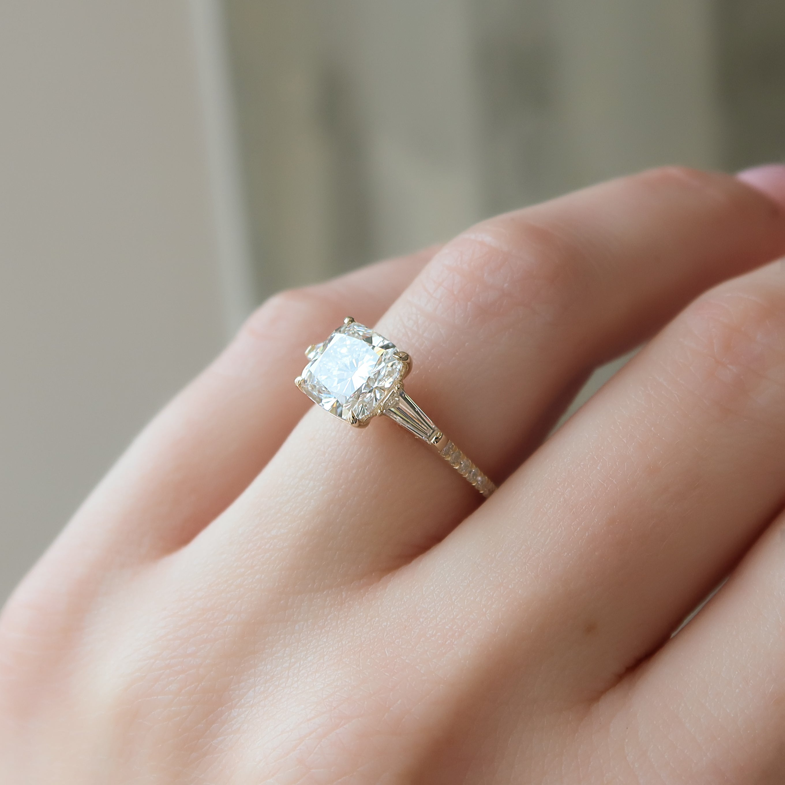 Cushion cut CVD diamond engagement ring with pave diamond band in white gold
