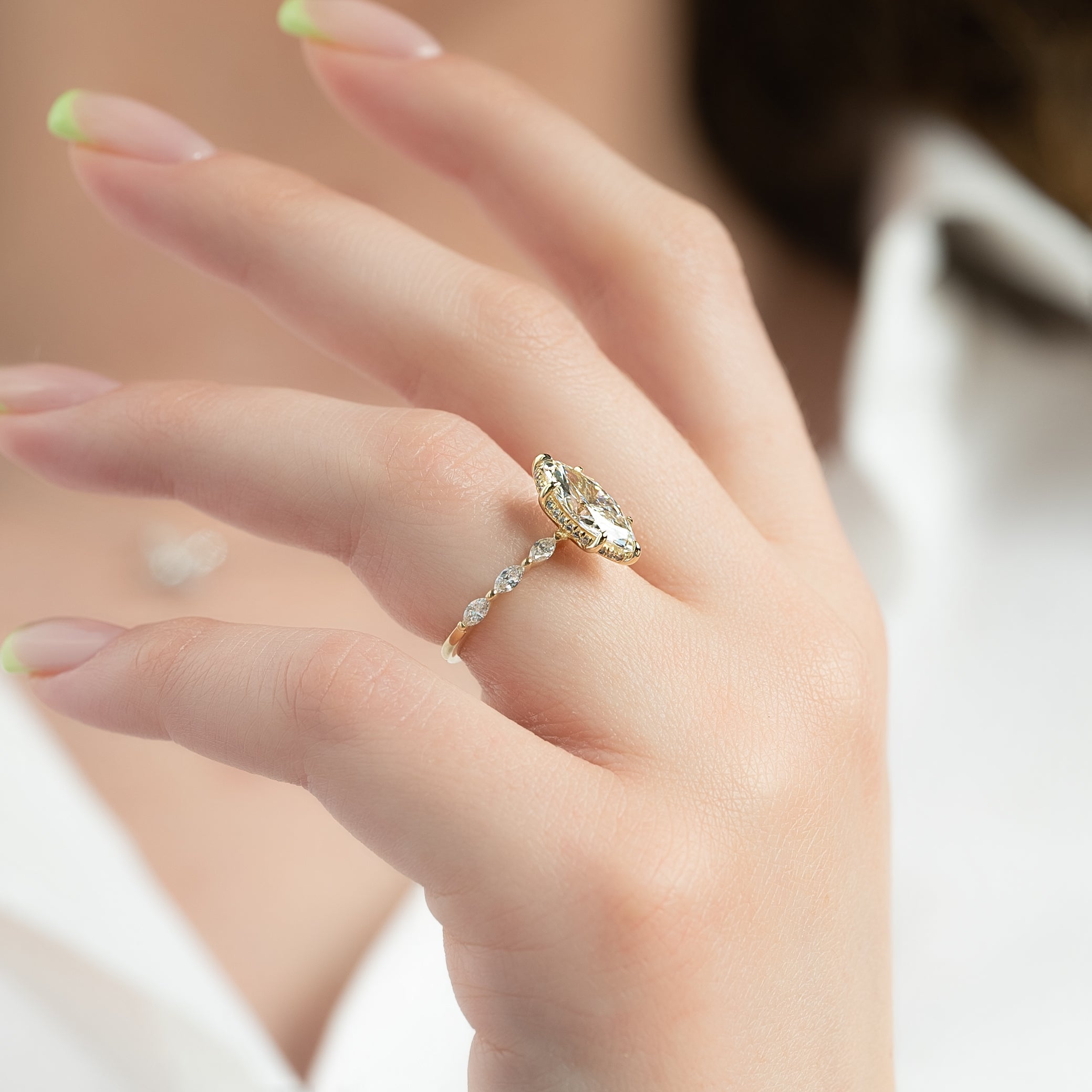 Marquise cut CVD diamond engagement ring with hidden halo and pave band in white gold