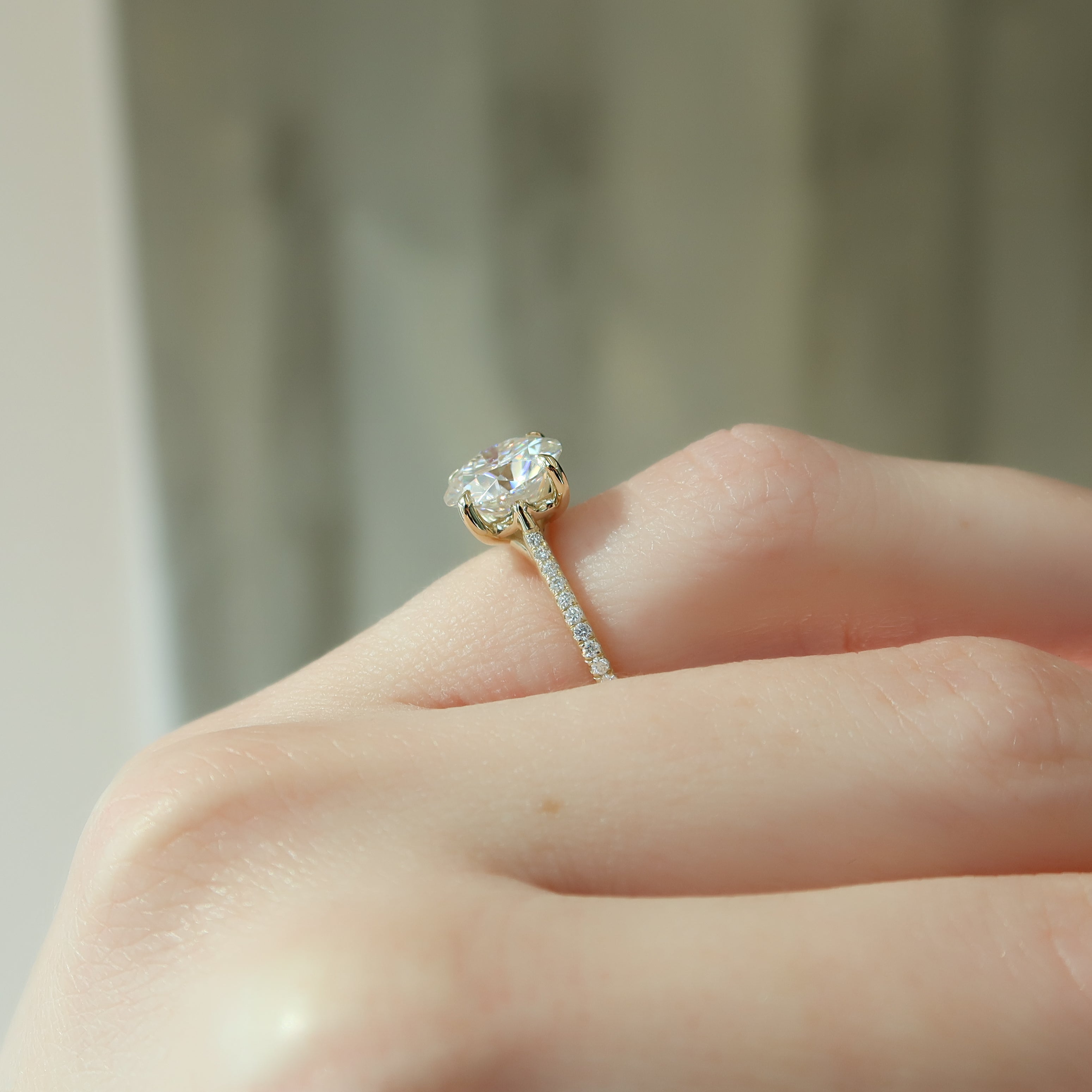 Round cut CVD diamond engagement ring with pave diamond band in white gold