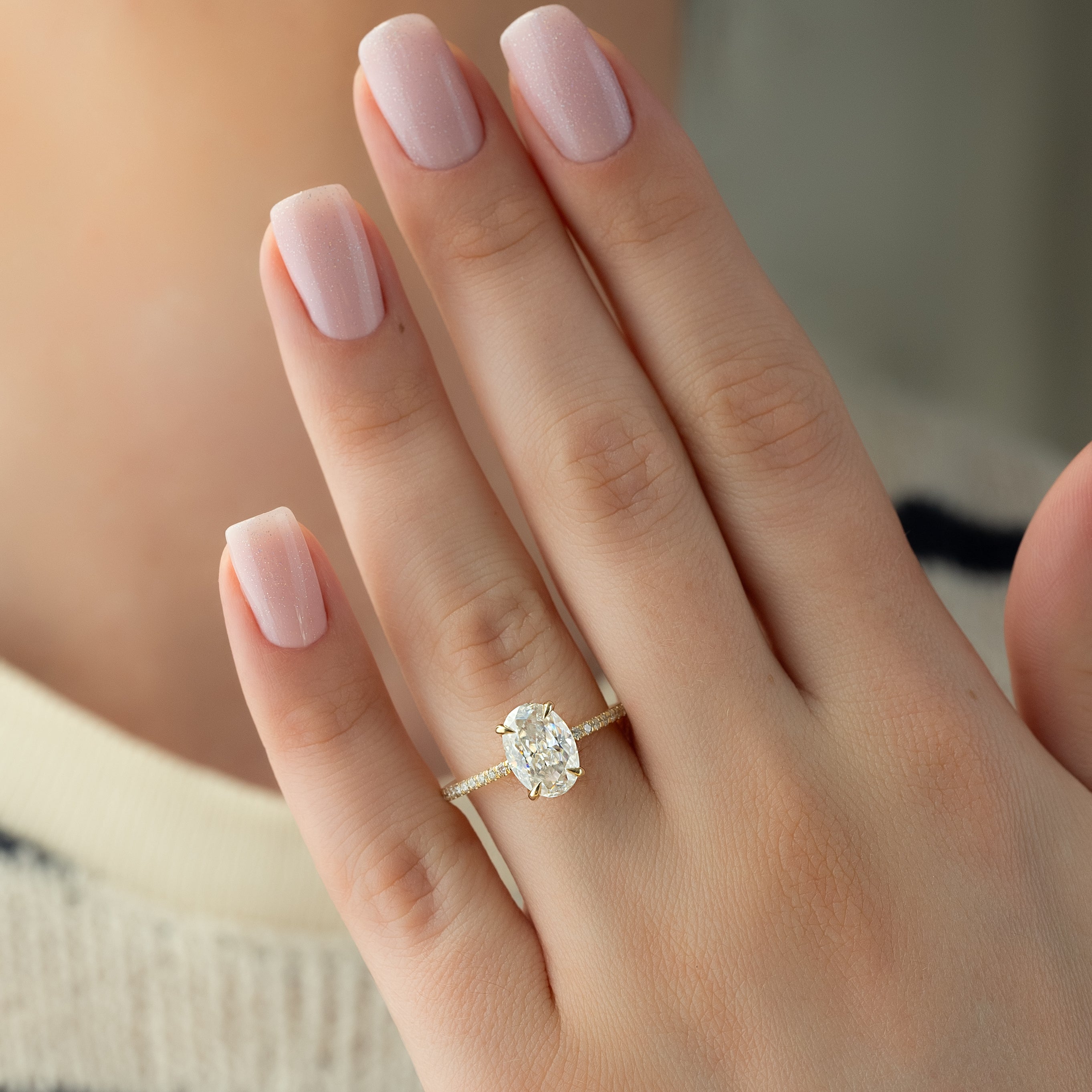 Oval cut CVD diamond pave engagement ring with slim diamond band in white gold