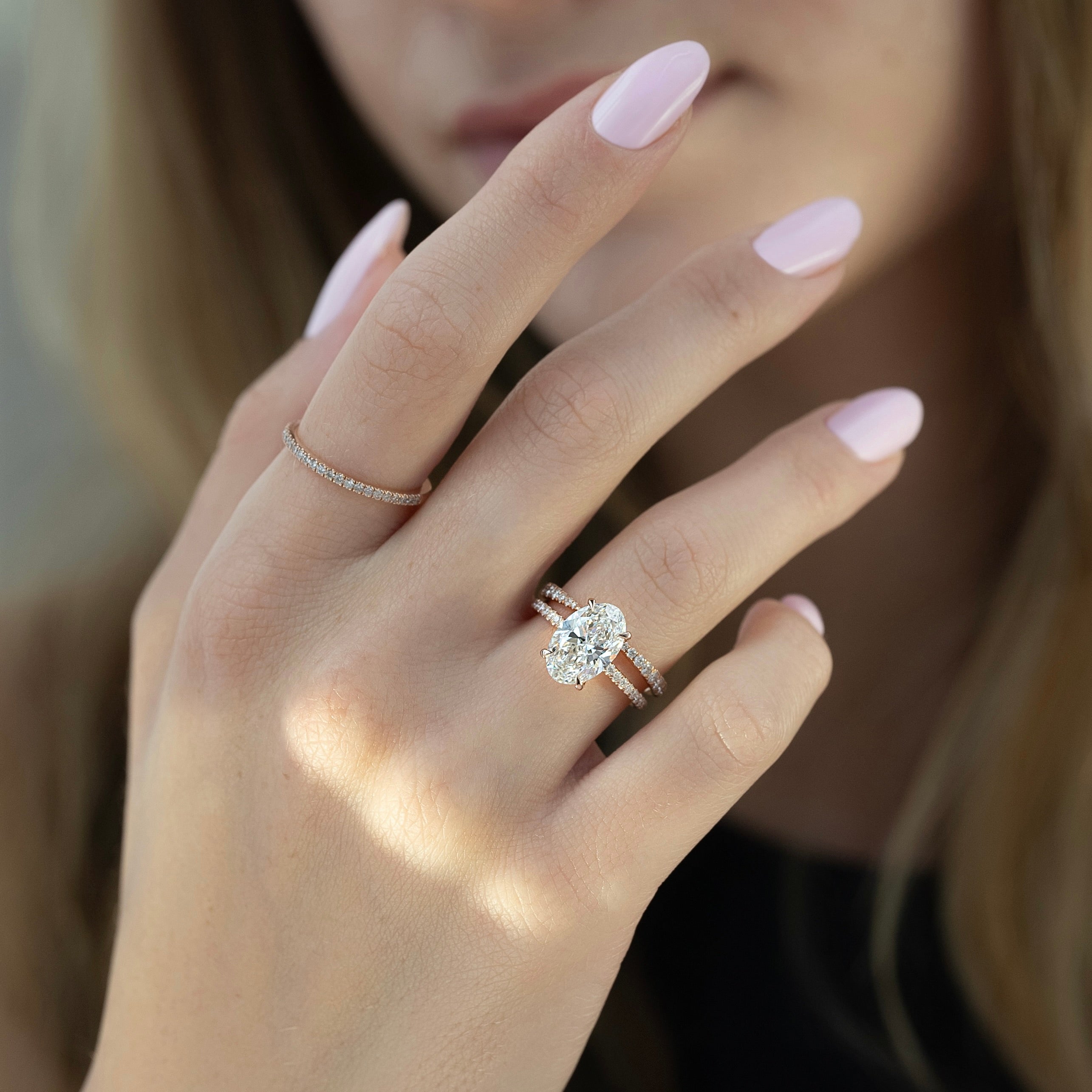 Oval cut CVD diamond pave engagement ring with slim diamond band in white gold