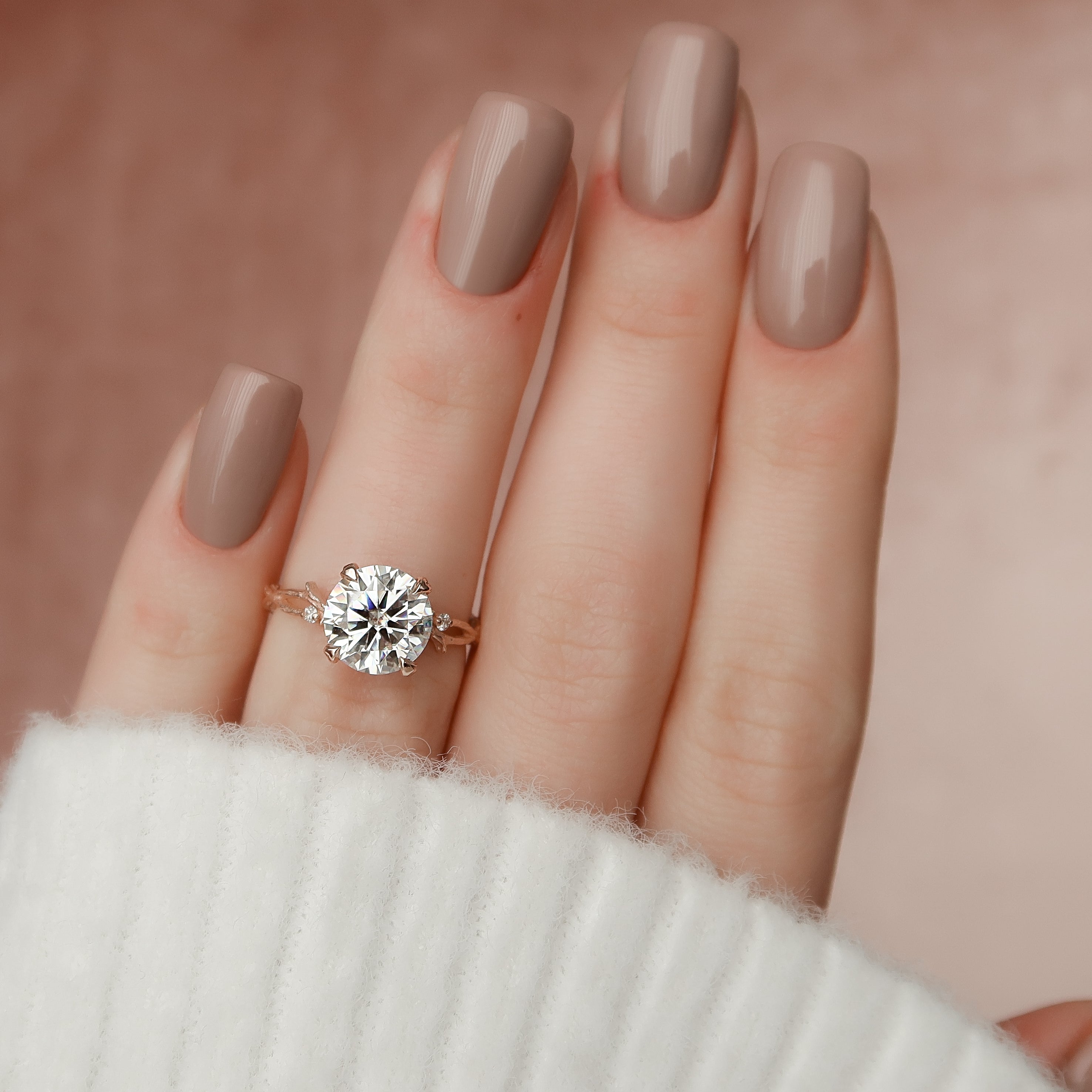 Round cut CVD diamond engagement ring with twig-inspired band in white gold