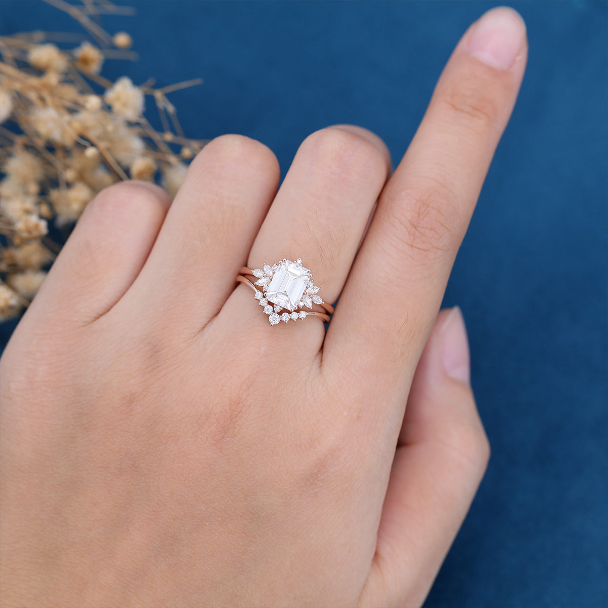 1.60 CT Emerald Shaped Moissanite Cluster Bridal Set - Camila Brown