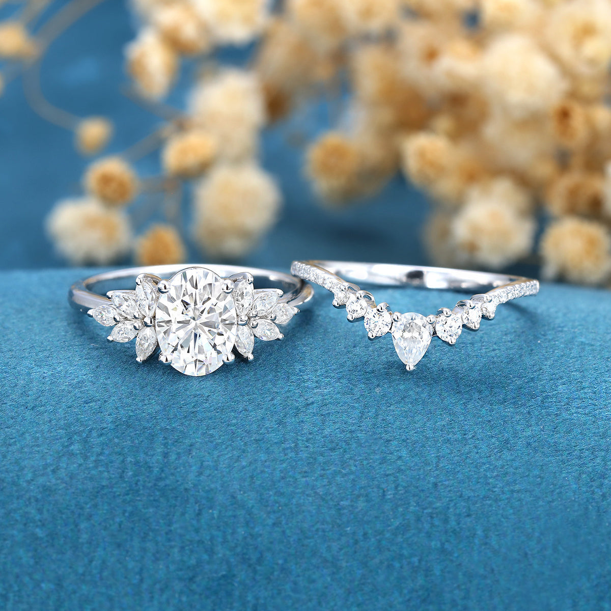 1.91 CT Oval Shaped Moissanite Cluster Bridal Set - Camila Brown