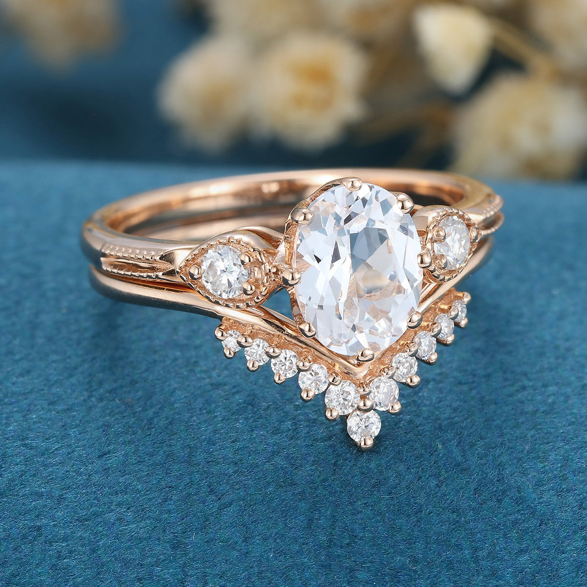 1.33 CT Oval Shaped Moissanite Three Stone Bridal Set - Camila Brown