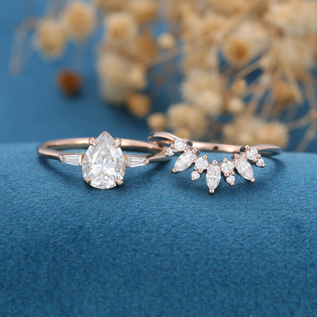 1.0 CT Pear Shaped Moissanite Three Stone Bridal Set - Camila Brown