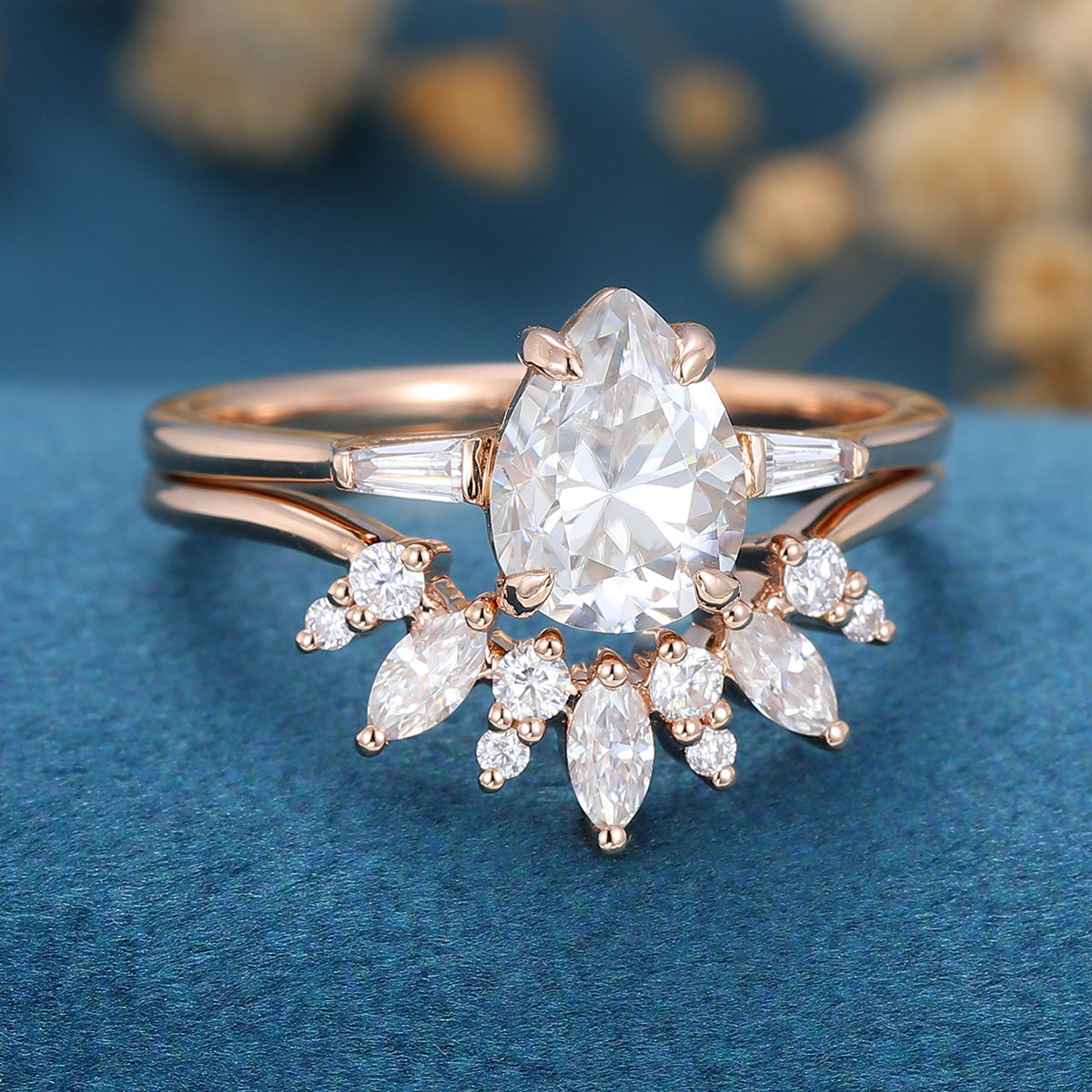 1.0 CT Pear Shaped Moissanite Three Stone Bridal Set - Camila Brown