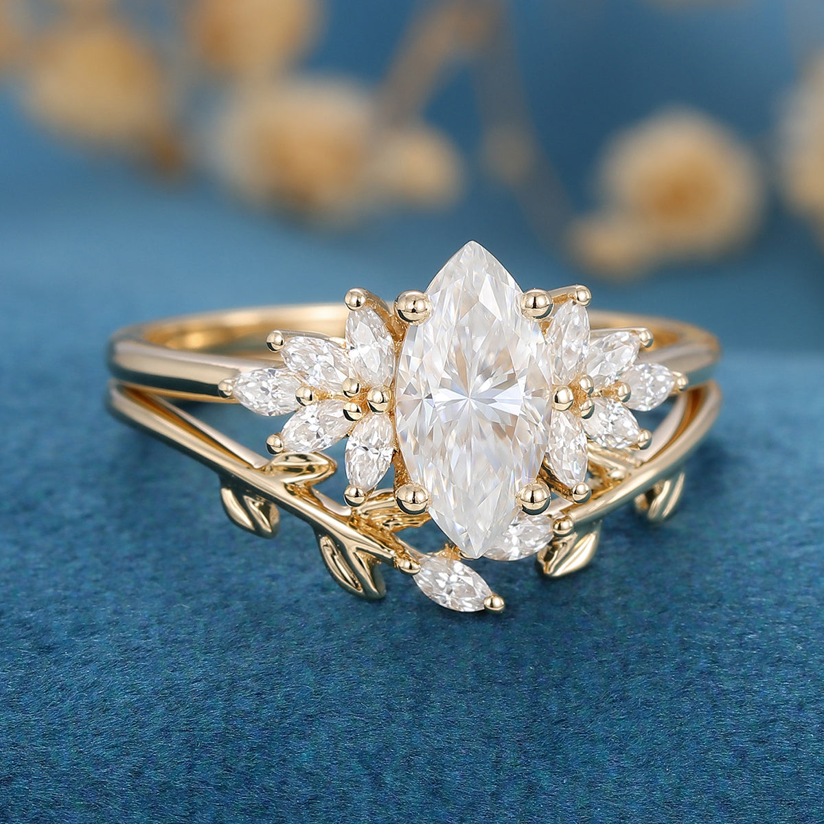 0.90 CT Marquise Shaped Moissanite Cluster Bridal Set - Camila Brown