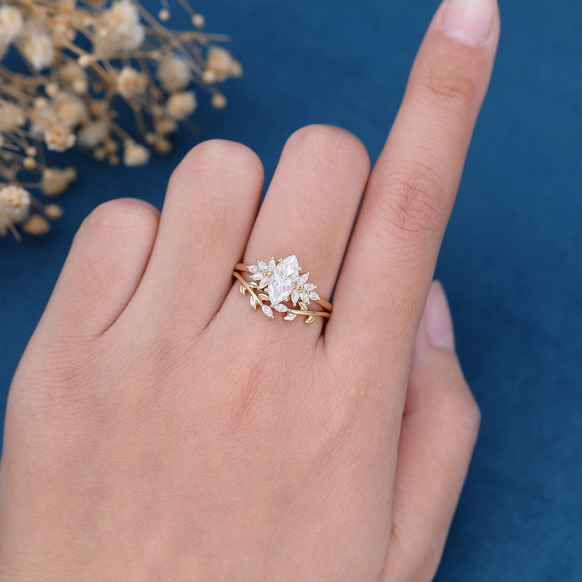 0.90 CT Marquise Shaped Moissanite Cluster Bridal Set - Camila Brown