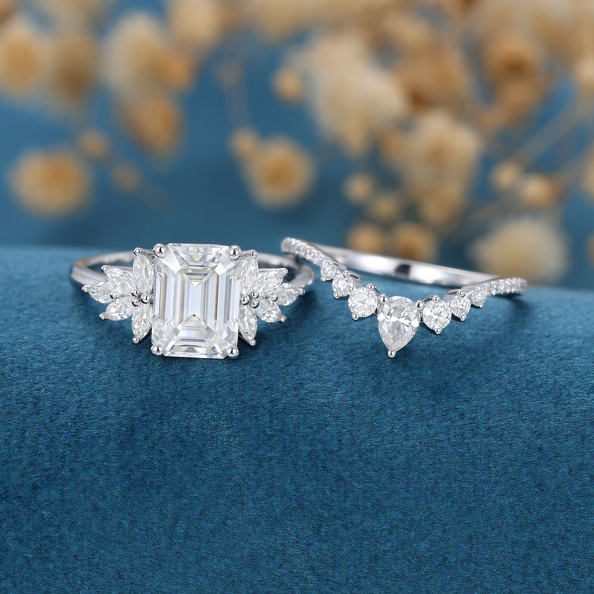 1.60 CT Emerald Shaped Moissanite Cluster Bridal Set - Camila Brown