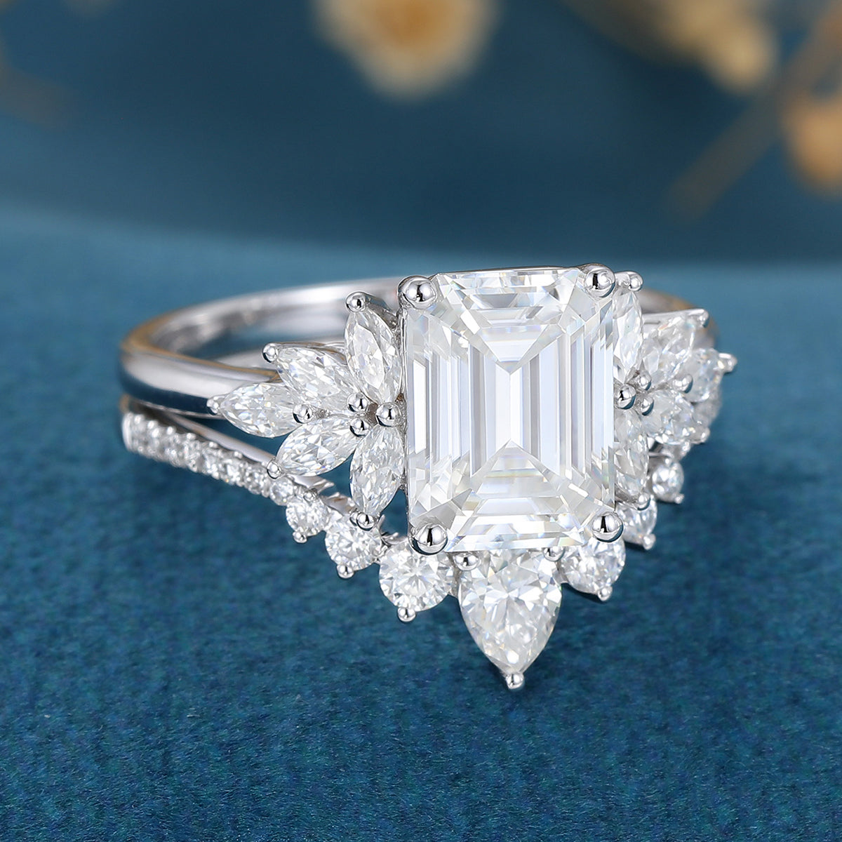 1.60 CT Emerald Shaped Moissanite Cluster Bridal Set - Camila Brown