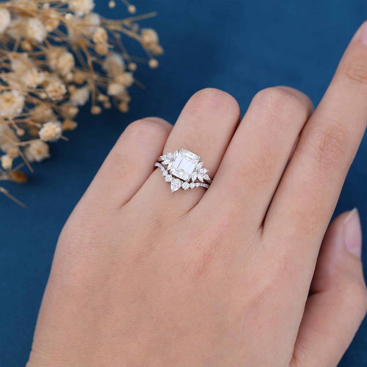 1.60 CT Emerald Shaped Moissanite Cluster Bridal Set - Camila Brown