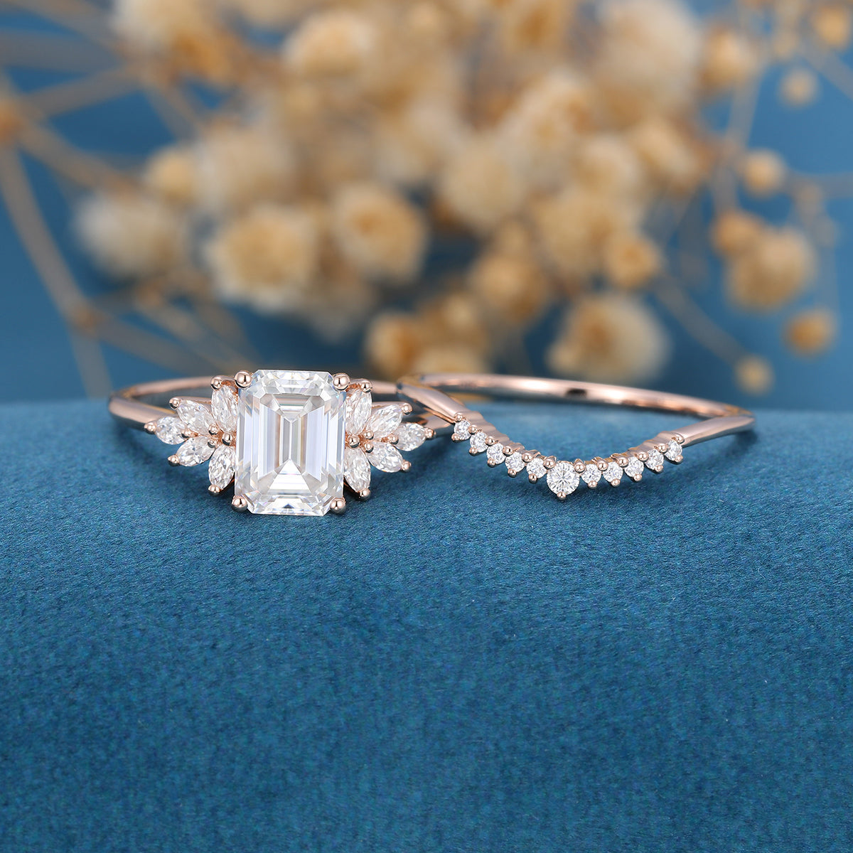 1.60 CT Emerald Shaped Moissanite Cluster Bridal Set - Camila Brown