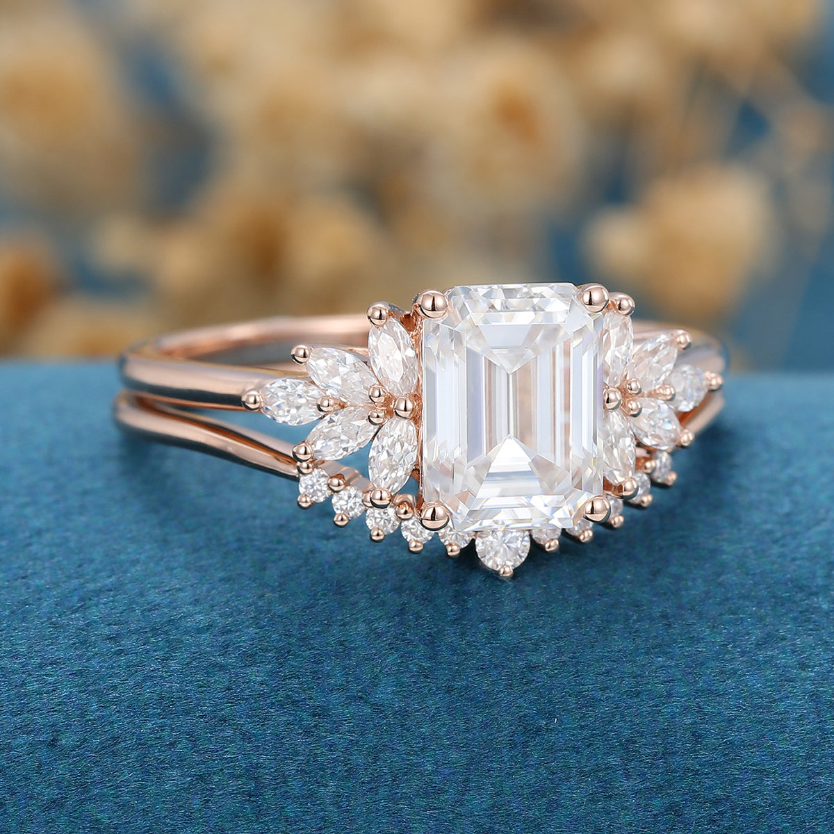 1.60 CT Emerald Shaped Moissanite Cluster Bridal Set - Camila Brown