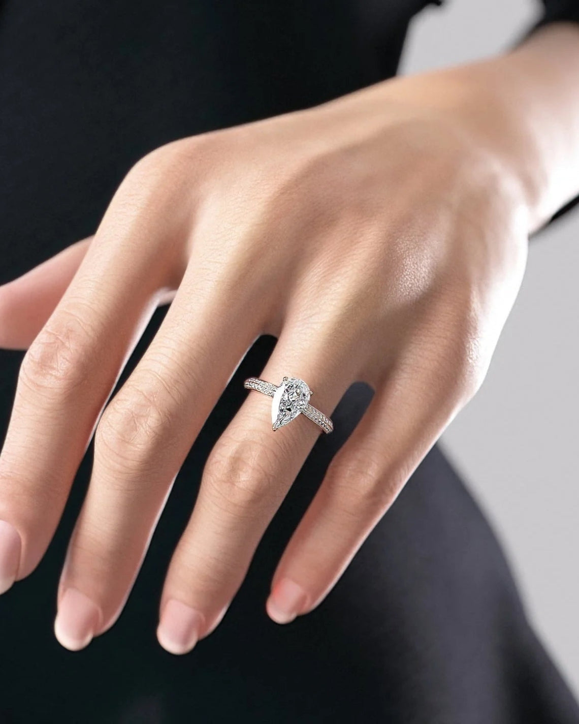 1.0 - 3.0 CT Pear Cut Lab Grown Diamond Hidden Halo & Pave Engagement Ring
