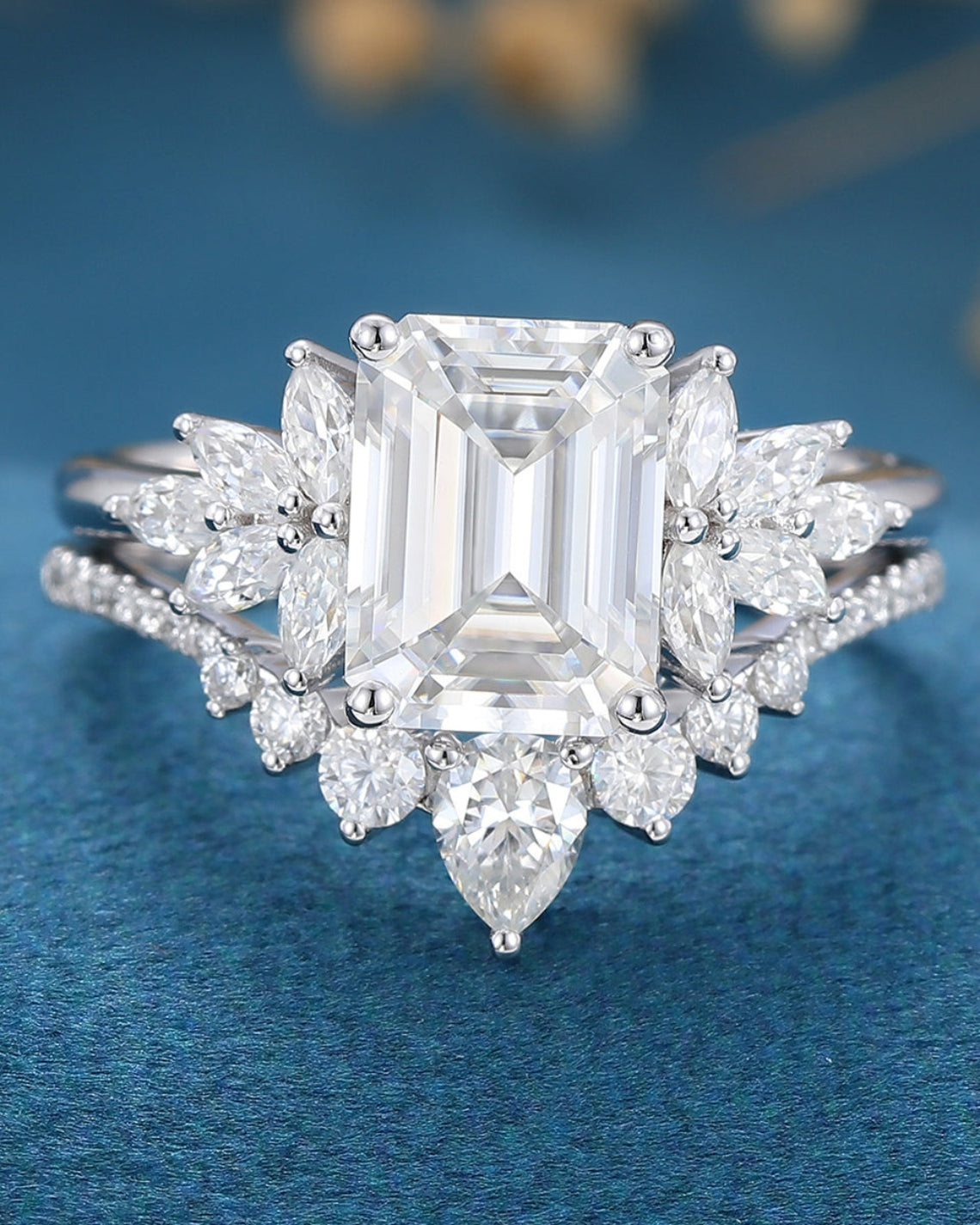 1.60 CT Emerald Shaped Moissanite Cluster Bridal Set - Camila Brown