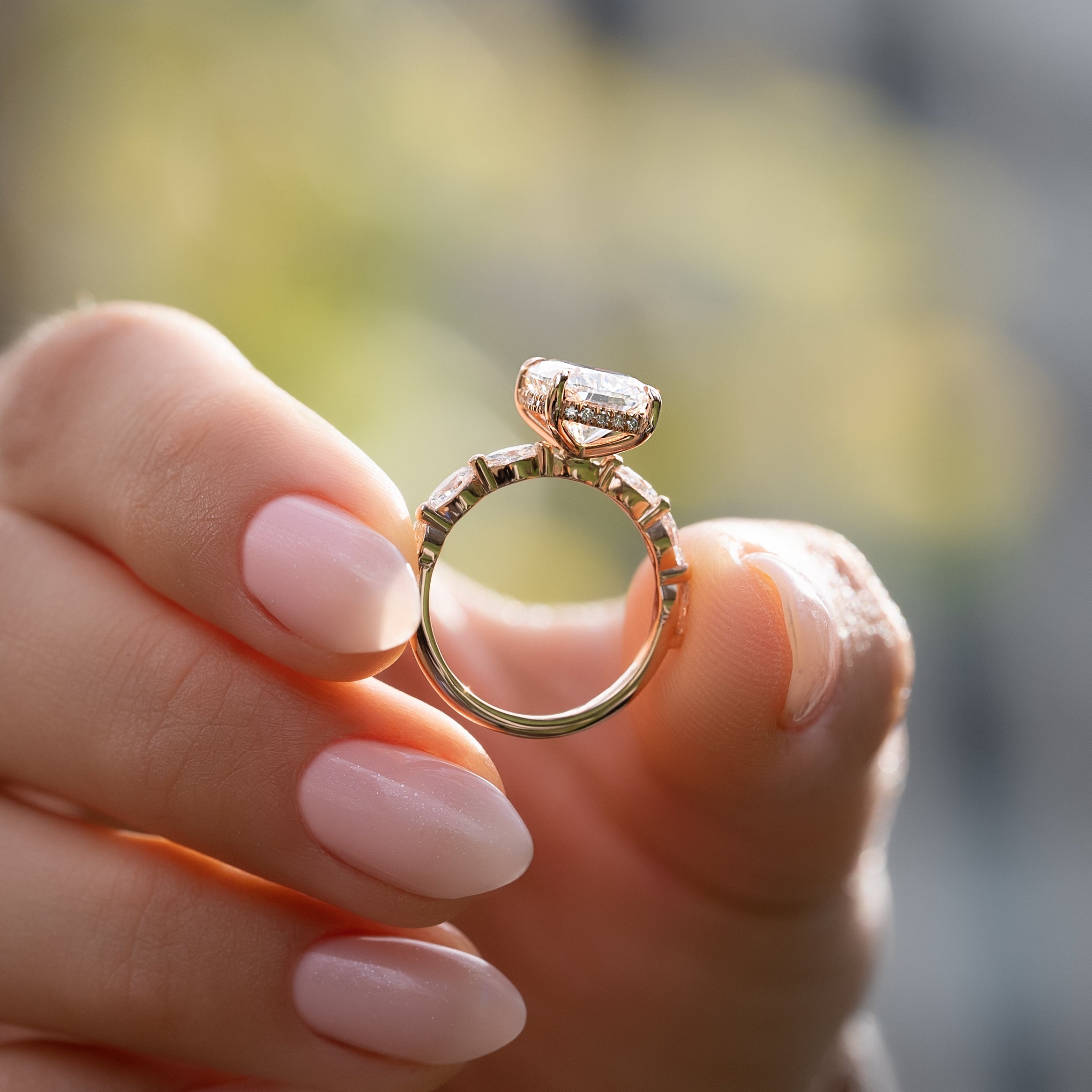 Elongated cushion cut moissanite engagement ring with hidden halo and pave band in white gold, 2.0-4.0 CT
