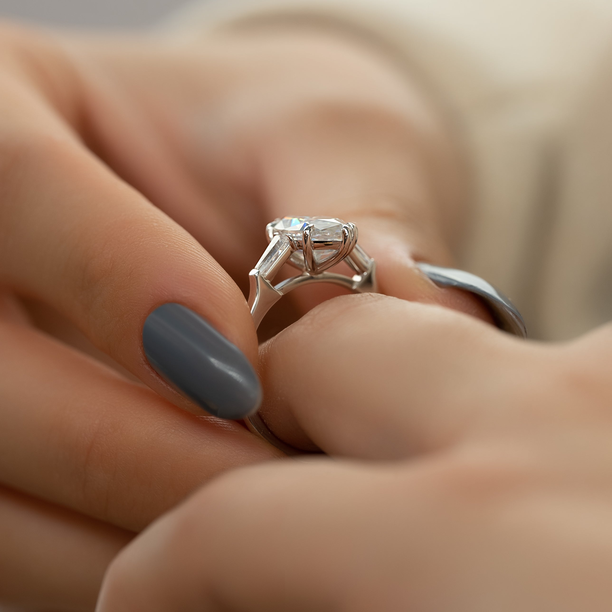 Marquise cut CVD diamond three stone engagement ring in white gold setting