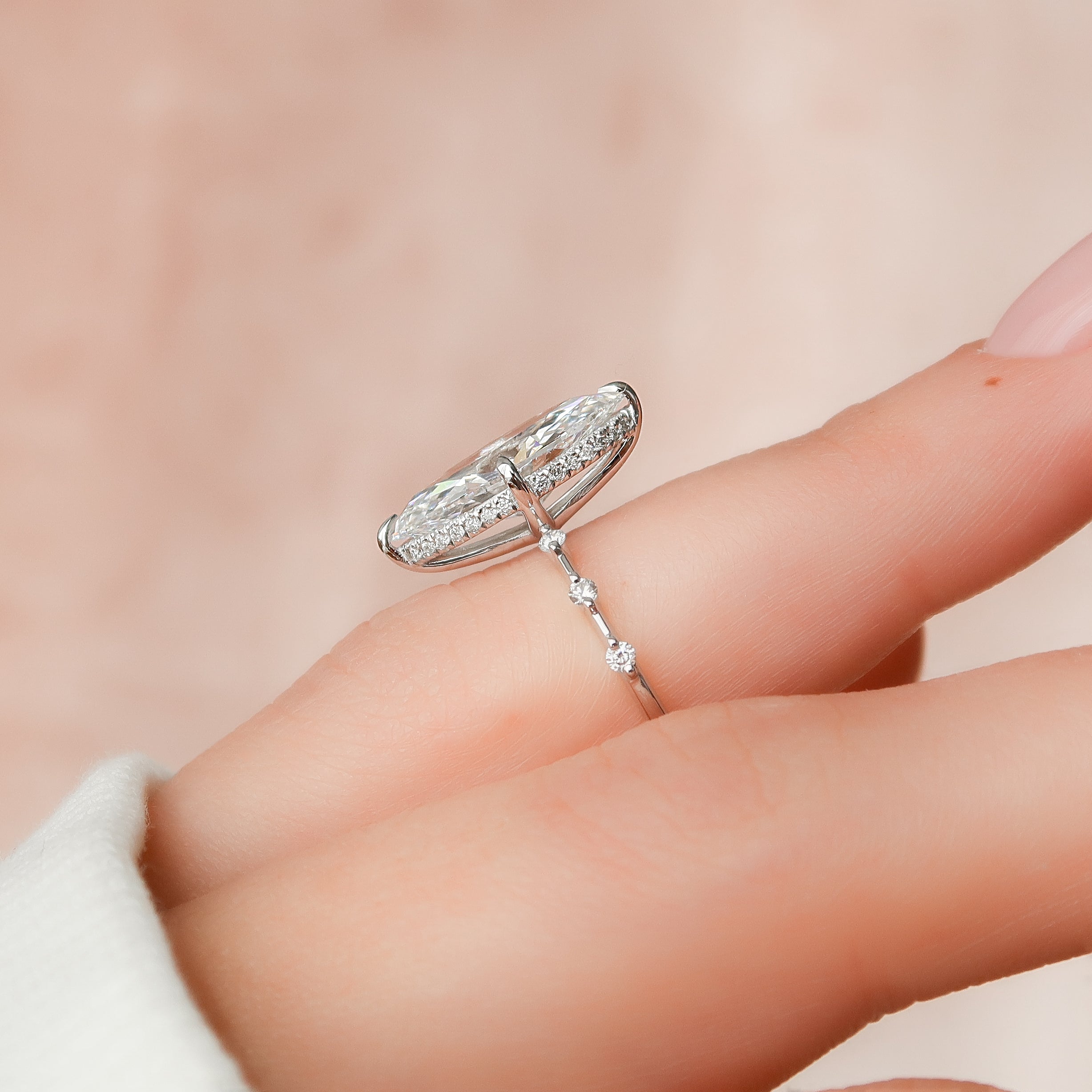 Marquise cut CVD diamond dainty engagement ring in white gold setting