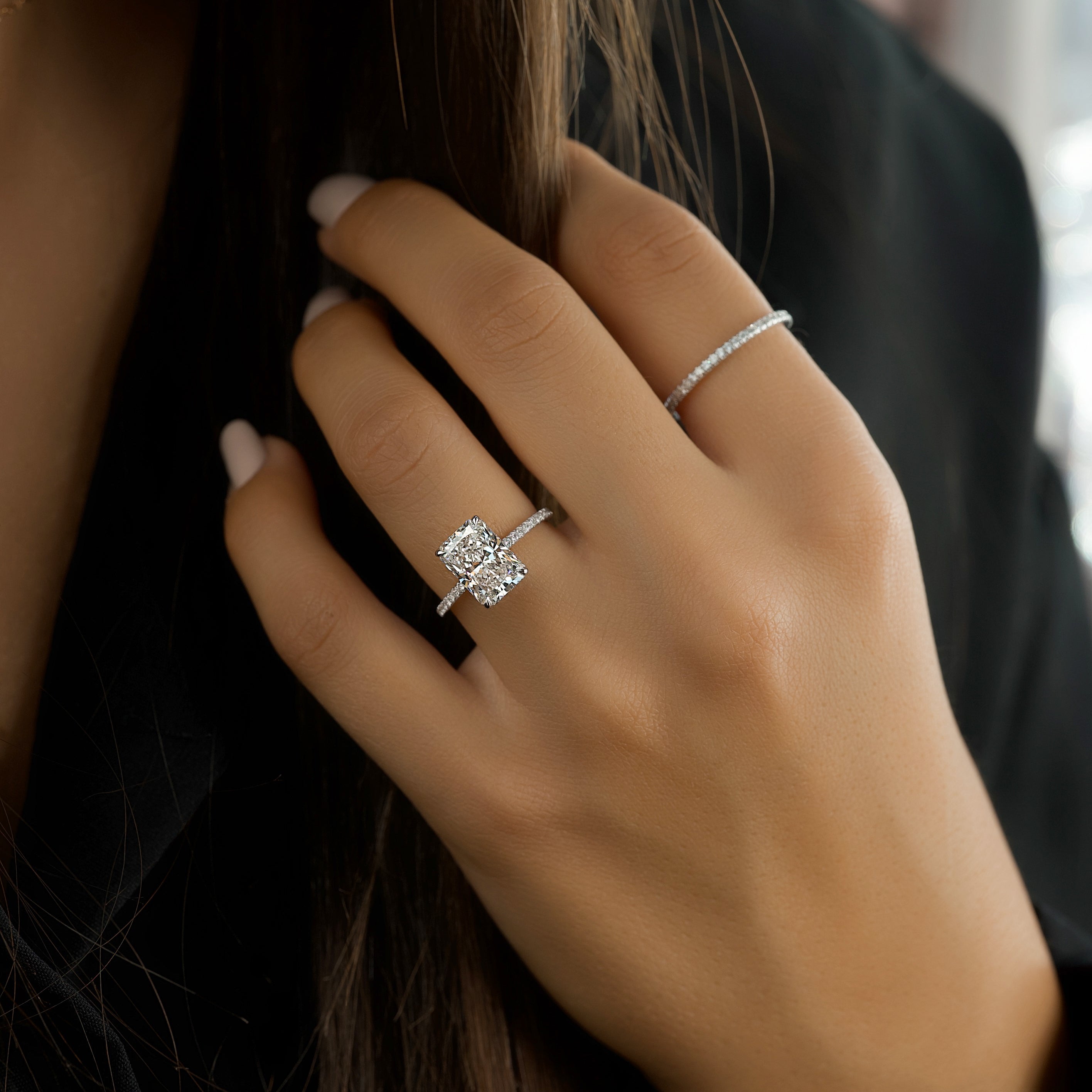 Radiant cut CVD diamond engagement ring with hidden halo and pave diamond band in white gold