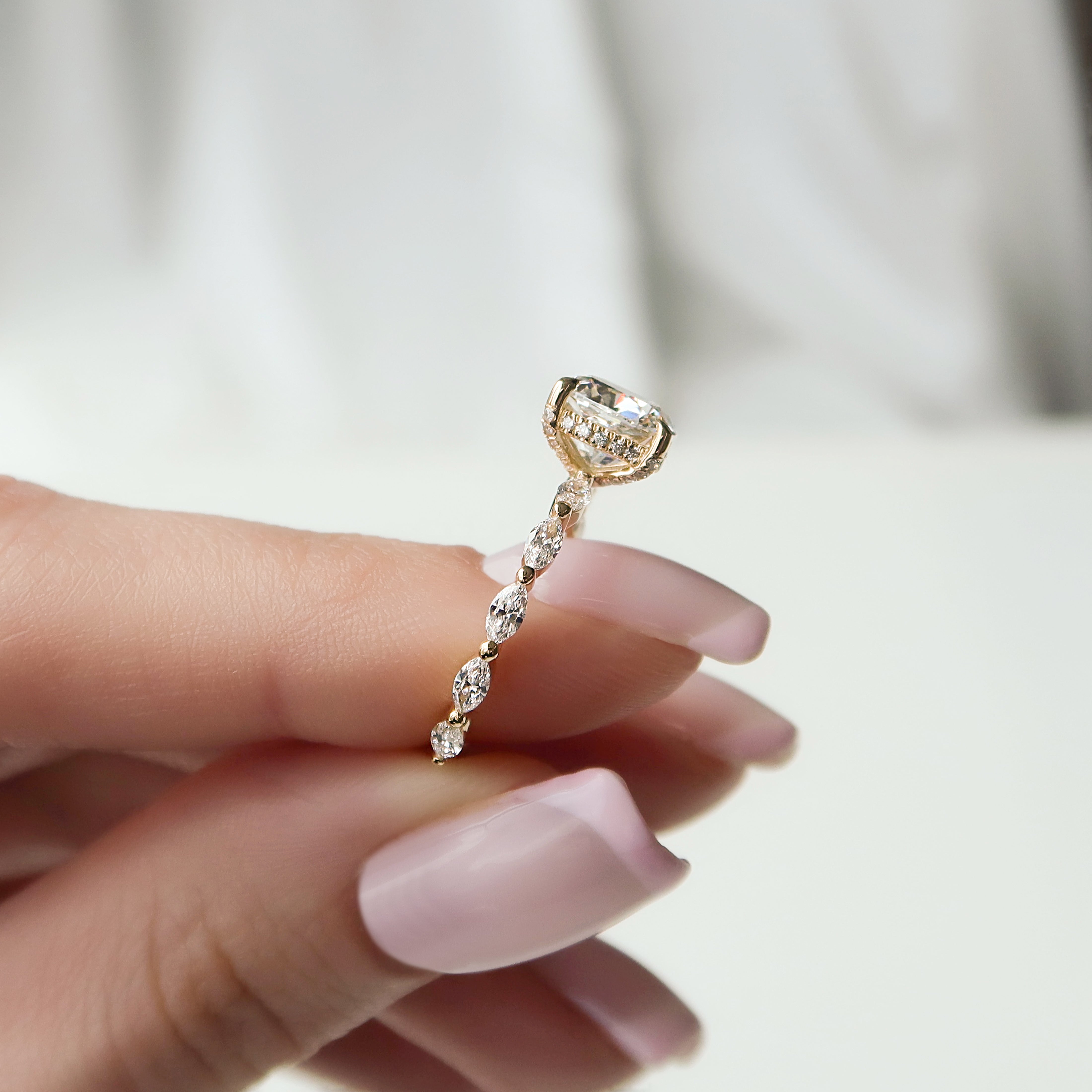 Elongated cushion cut moissanite engagement ring with hidden halo and pave band in white gold, 2.0-4.0 CT