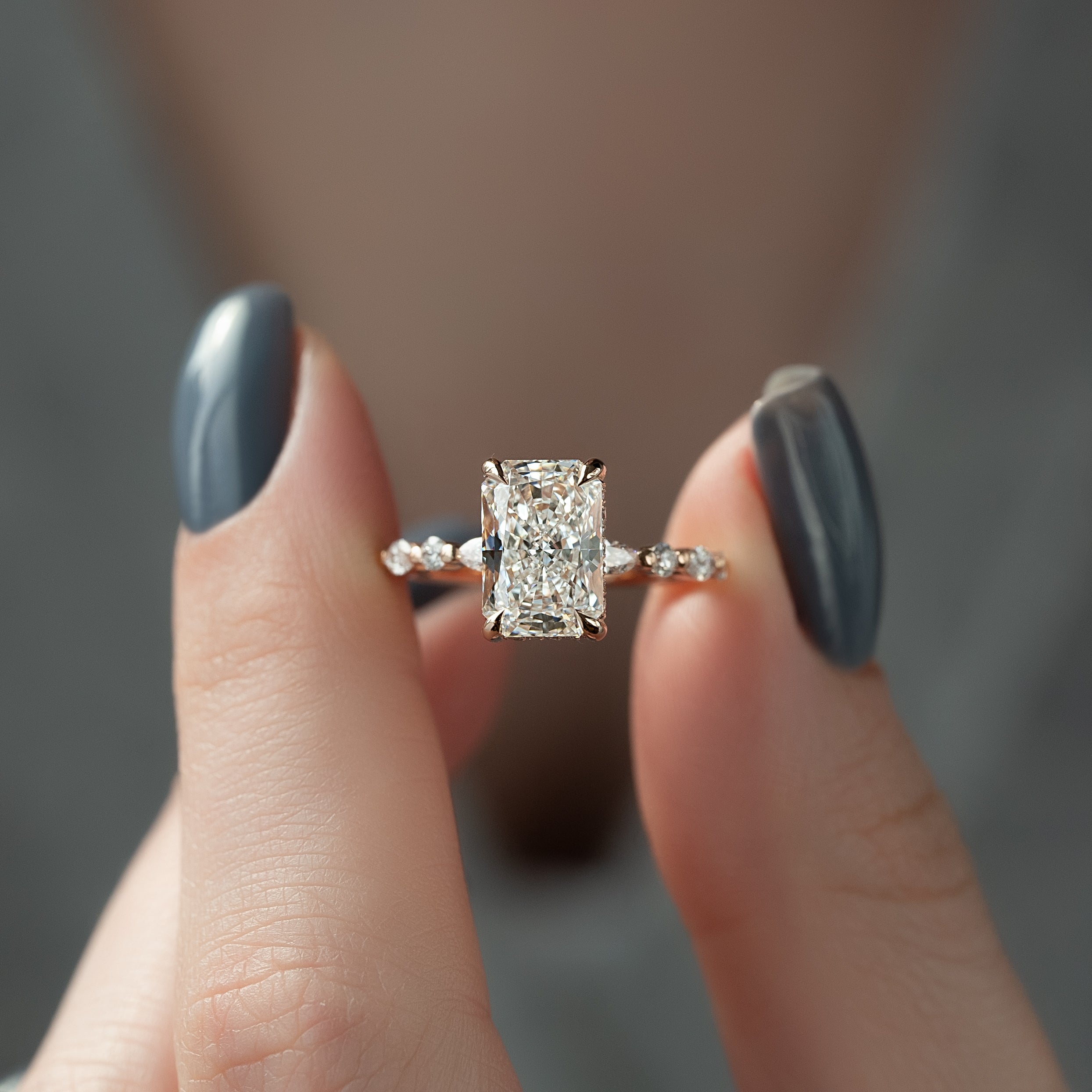 Radiant cut CVD diamond engagement ring with hidden halo and pave setting for a sparkling modern bridal style