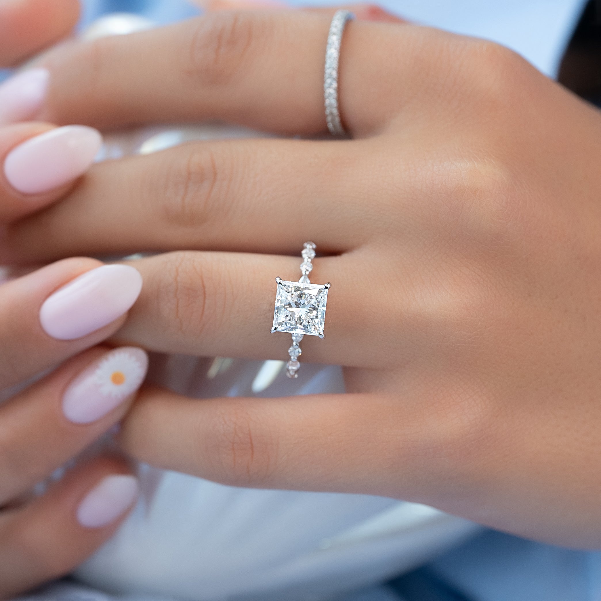 Princess cut CVD diamond engagement ring with hidden halo and pave diamond band in white gold