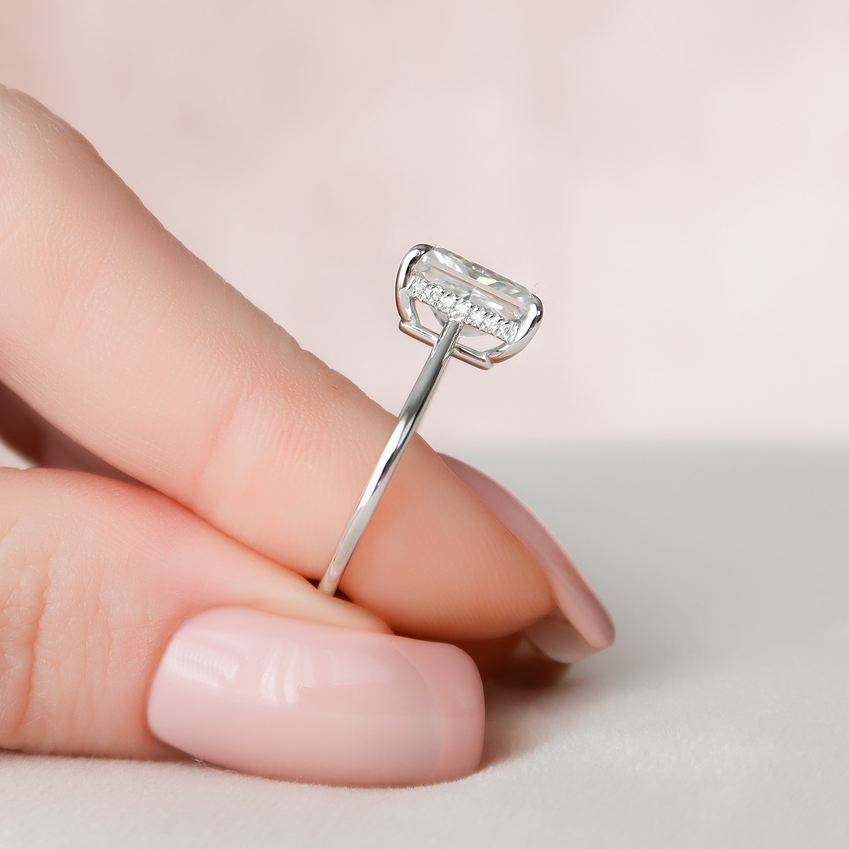 Radiant cut CVD diamond engagement ring with hidden halo detail in white gold setting