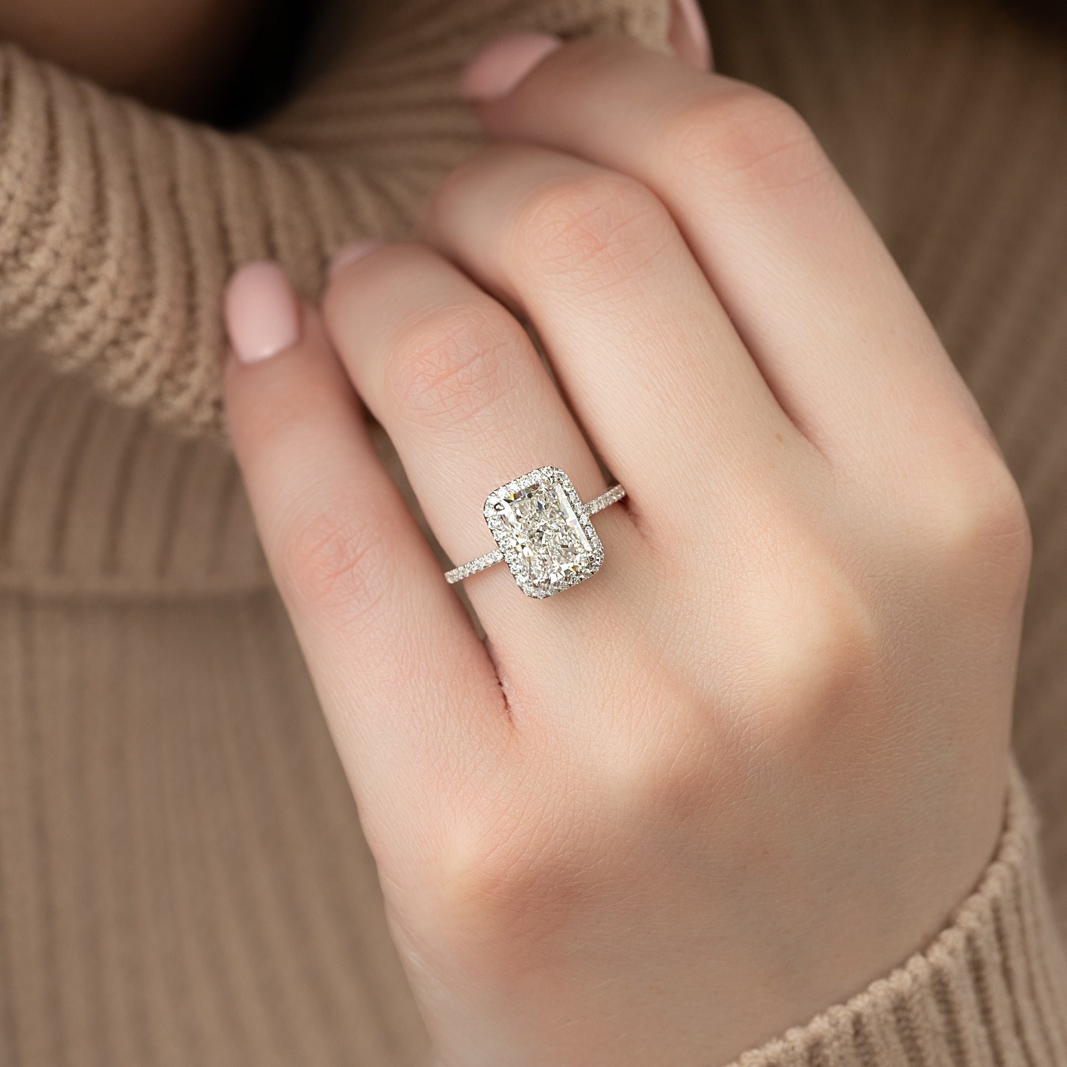 Radiant cut moissanite engagement ring with halo and pave band in platinum setting, 2.0-4.0 CT